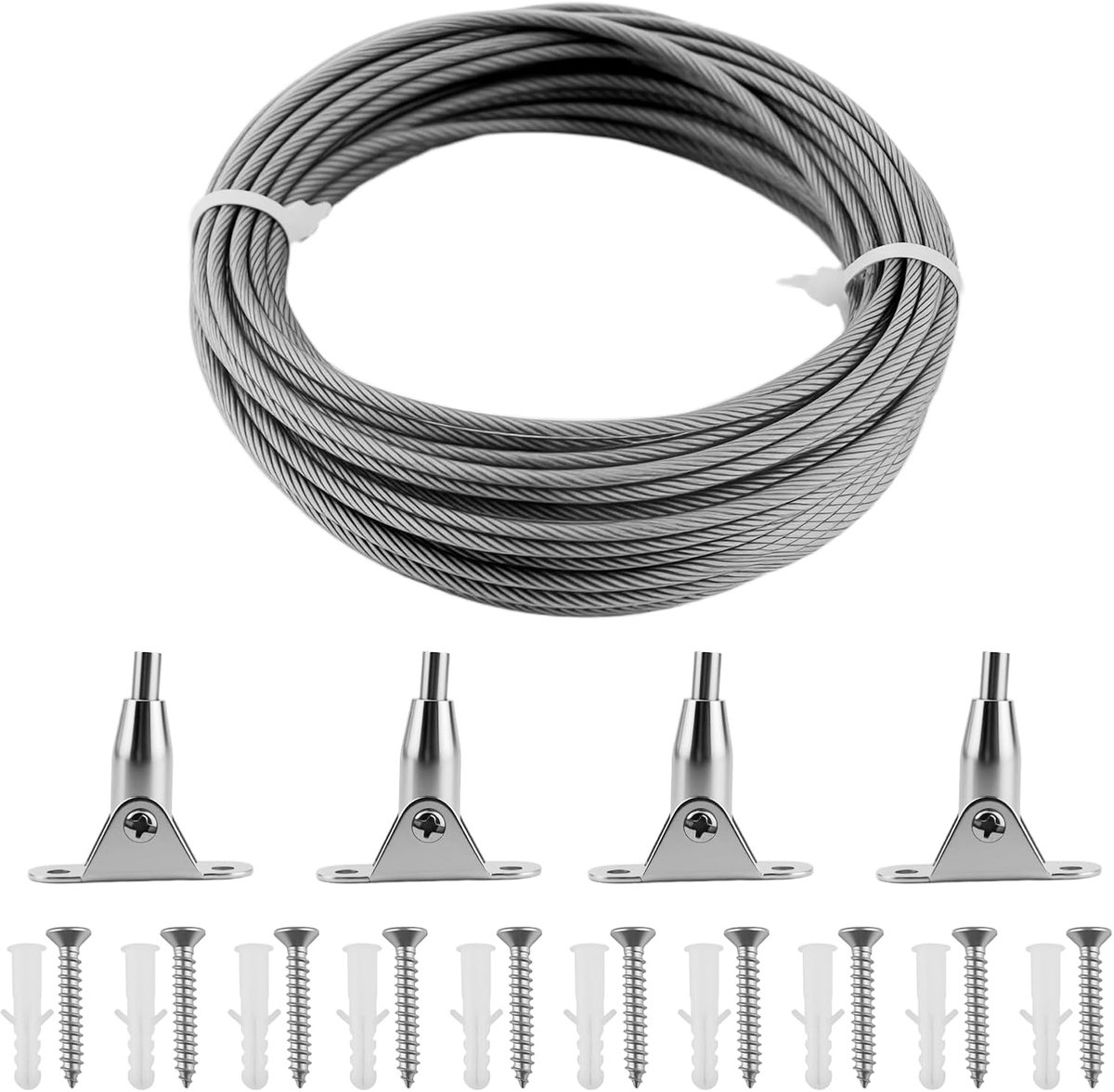 Kabelspanning set 10 m - RVS kabel met omhulsel - Inclusief 4 plafondbeugels - Ideaal voor hangsystemen - SnelShoppen