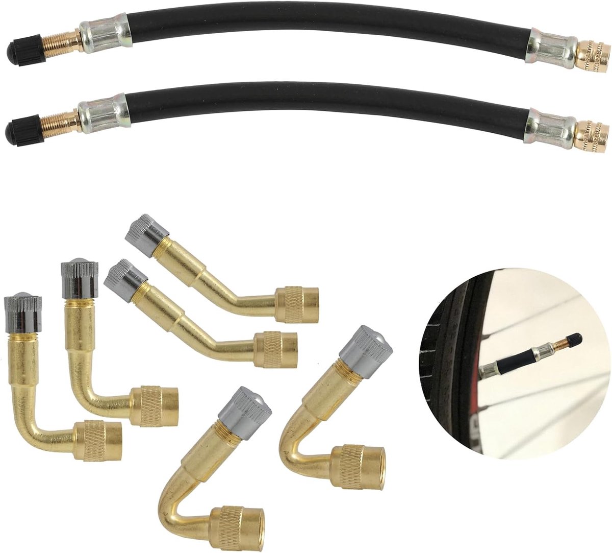 8 stuks bandenventielverlenging, autoventieladapter (45°, 90°, 135° + 210 mm), van rubber en messing, ventielverlenging voor auto, motorfiets, fiets, scooter, vrachtwagen