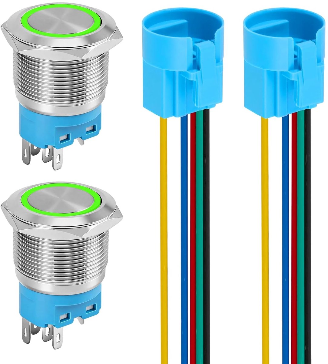 4 stuks momentane drukknoppen, 22 mm, zelfresetterend, roestvrijstalen knop, groene led, 220 V AC, 3 A, LED 1NO1NC SPDT aan/uit schakelaar, waterdicht IP65 met kabelbus stekker