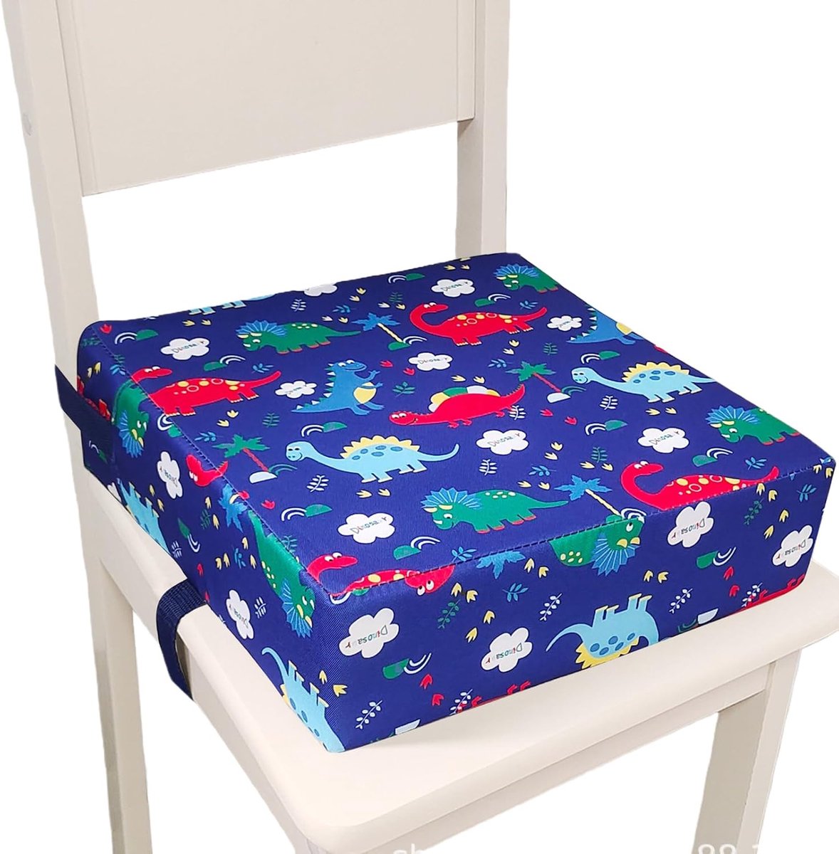 Stoel voor kinderen, eetkamerstoel met verhoogd kussen, wasbare kinderstoel met 2 veiligheidsgordels, anti-slip basis voor thuis onderweg, 32 x 32 x 8 cm (dinosaurus)