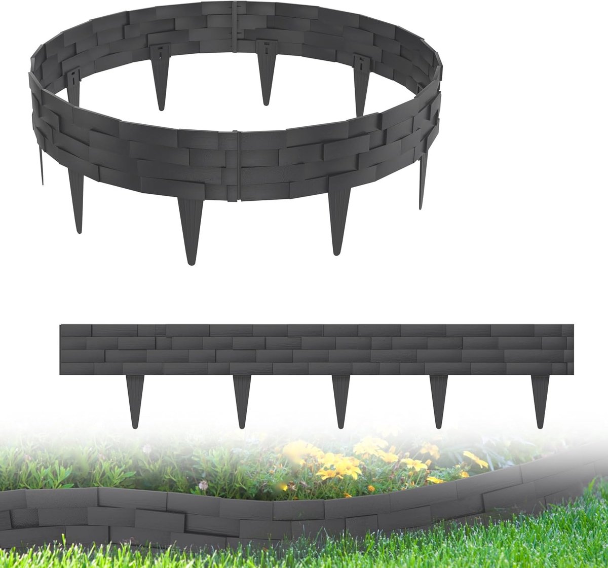 10 m gazonrand, bloembedrand tuinpalissade in steen-look, bloembedrand, randstenen van kunststof met 10 elementen á 100 cm, antraciet