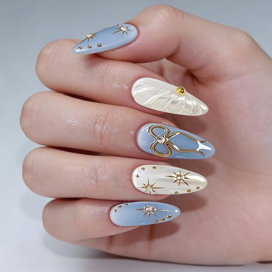 On Nails, Pers op Nagels Kort Amandel, 3D Fake Nagels Oceaanblauw met Gouden Strik, Ster, Parel en Golvende-Design, Glitter Acryl Nagels om op te Plakken, Kunstnagels voor Vrouwen, — afbeelding 5