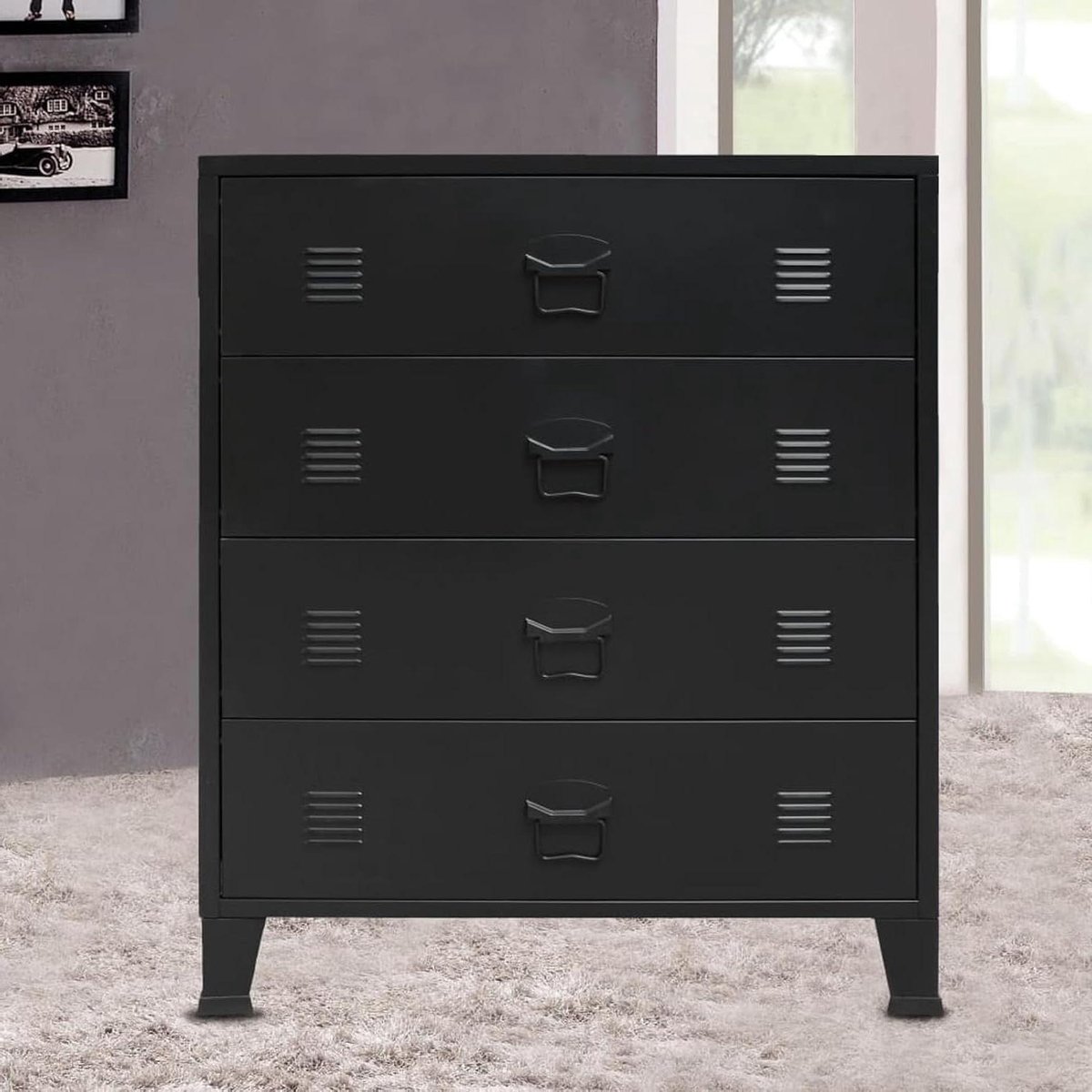Ladekast Metaal - Commode Industriëel - Opbergen Slaapkamer - 4 Grote Lades - 78 x 40 x 93 cm - Zwart