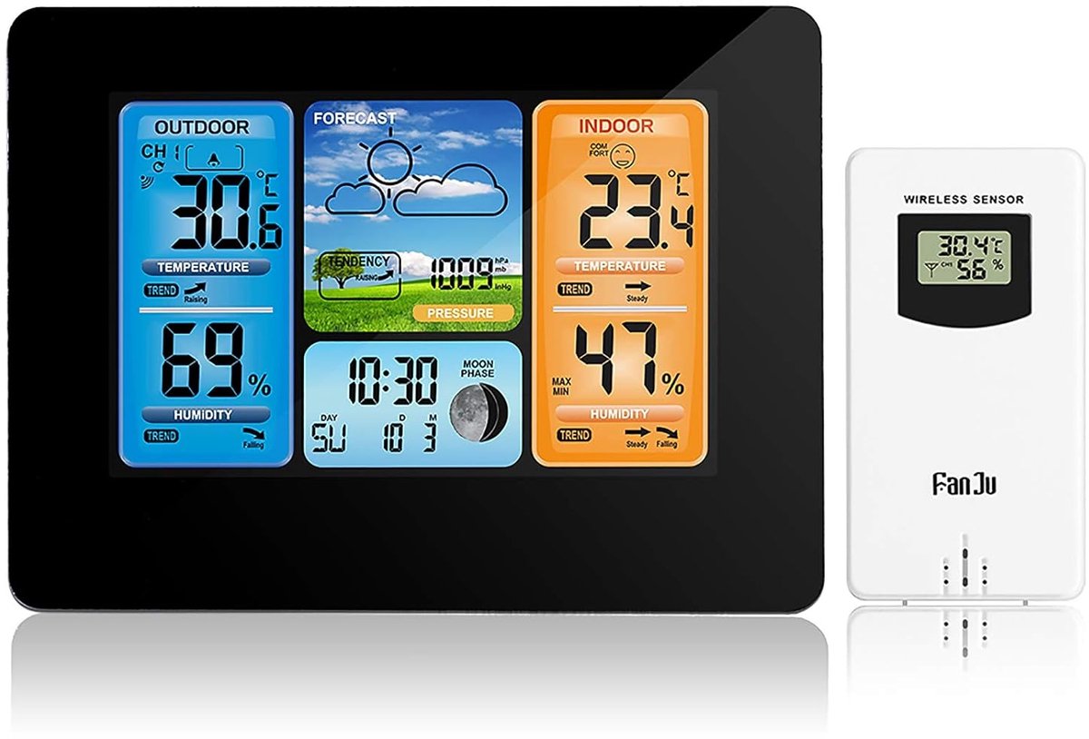 SnelShoppen - Digitale Weerstation met Kleurvoorspelling, Temperatuur, Vochtigheid, Alarmklok en Perpetuele Kalender voor Thuis, Tuin, Camping en Fees