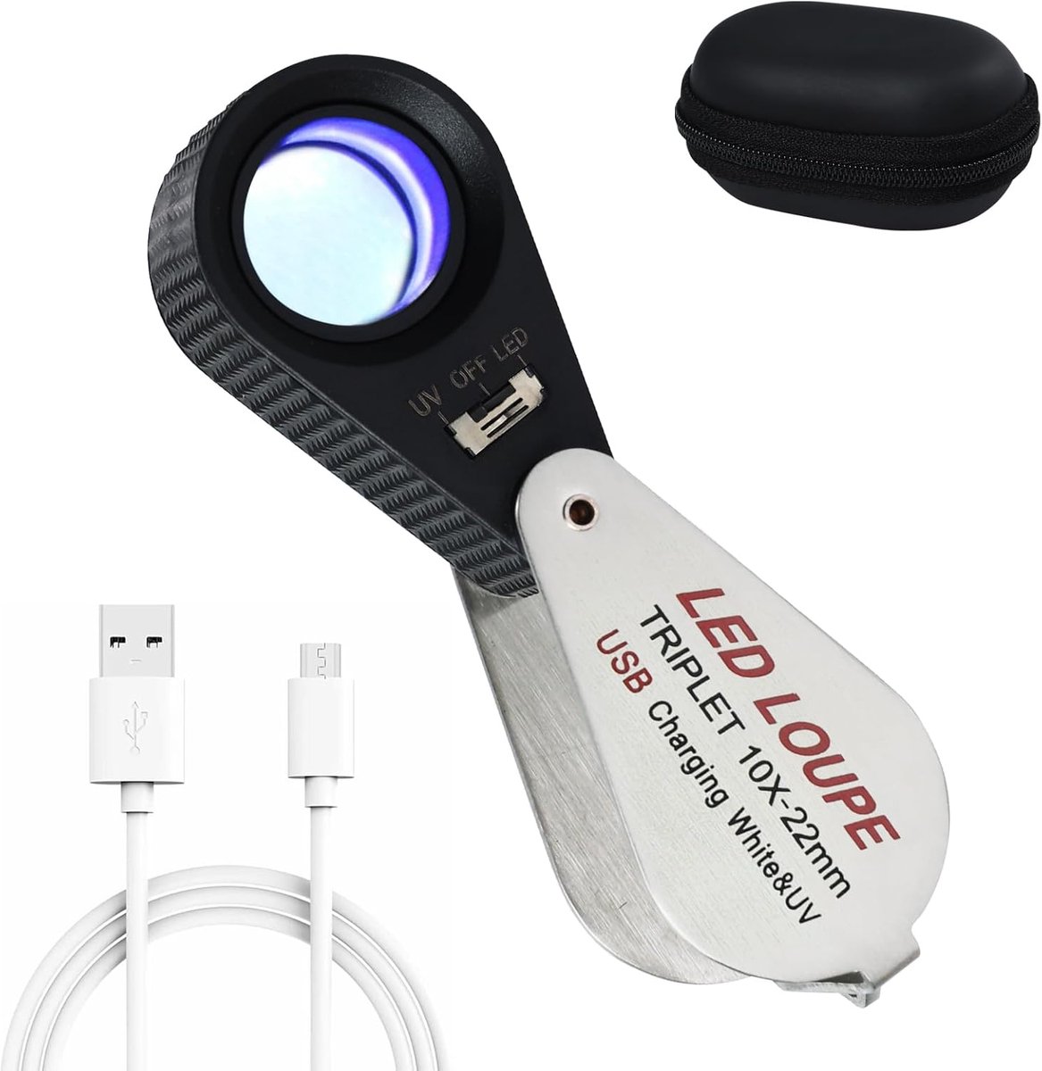Vergrootglas 10x - 22mm optische glas triplet lens - oplaadbaar met UV & LED verlichting - ShopVlot