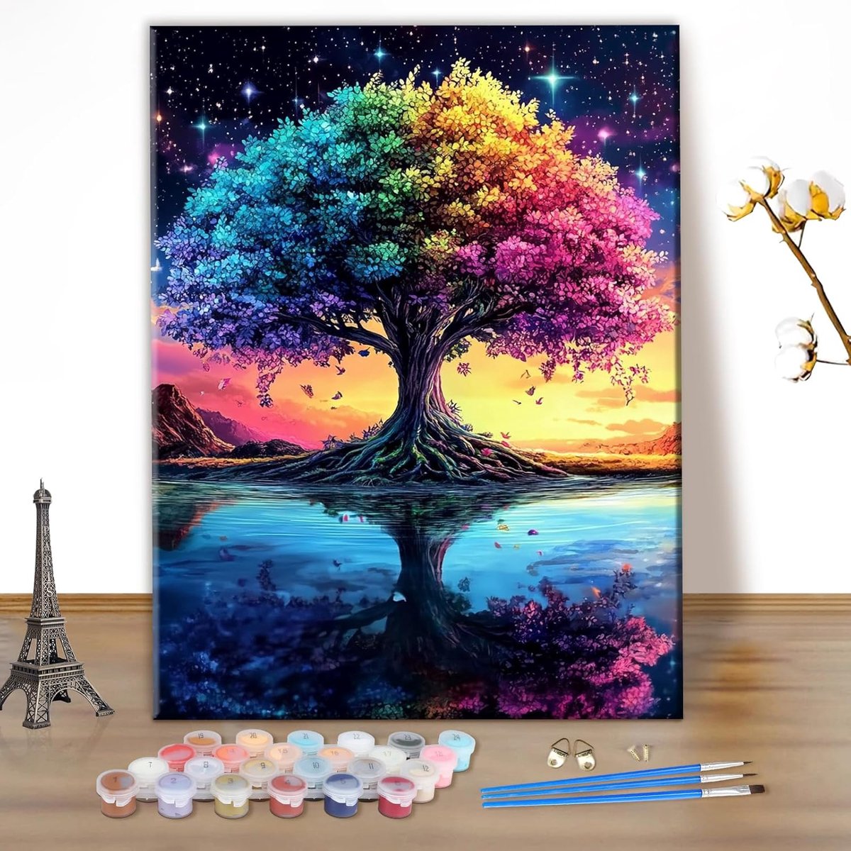 SnelShoppen - DIY Verf op Nummeren Set voor Volwassenen - Kleurrijke Levensboom Schilderij - Acrylverf, 3 Penseel, 2 Haakjes - Creatief Knutselproject