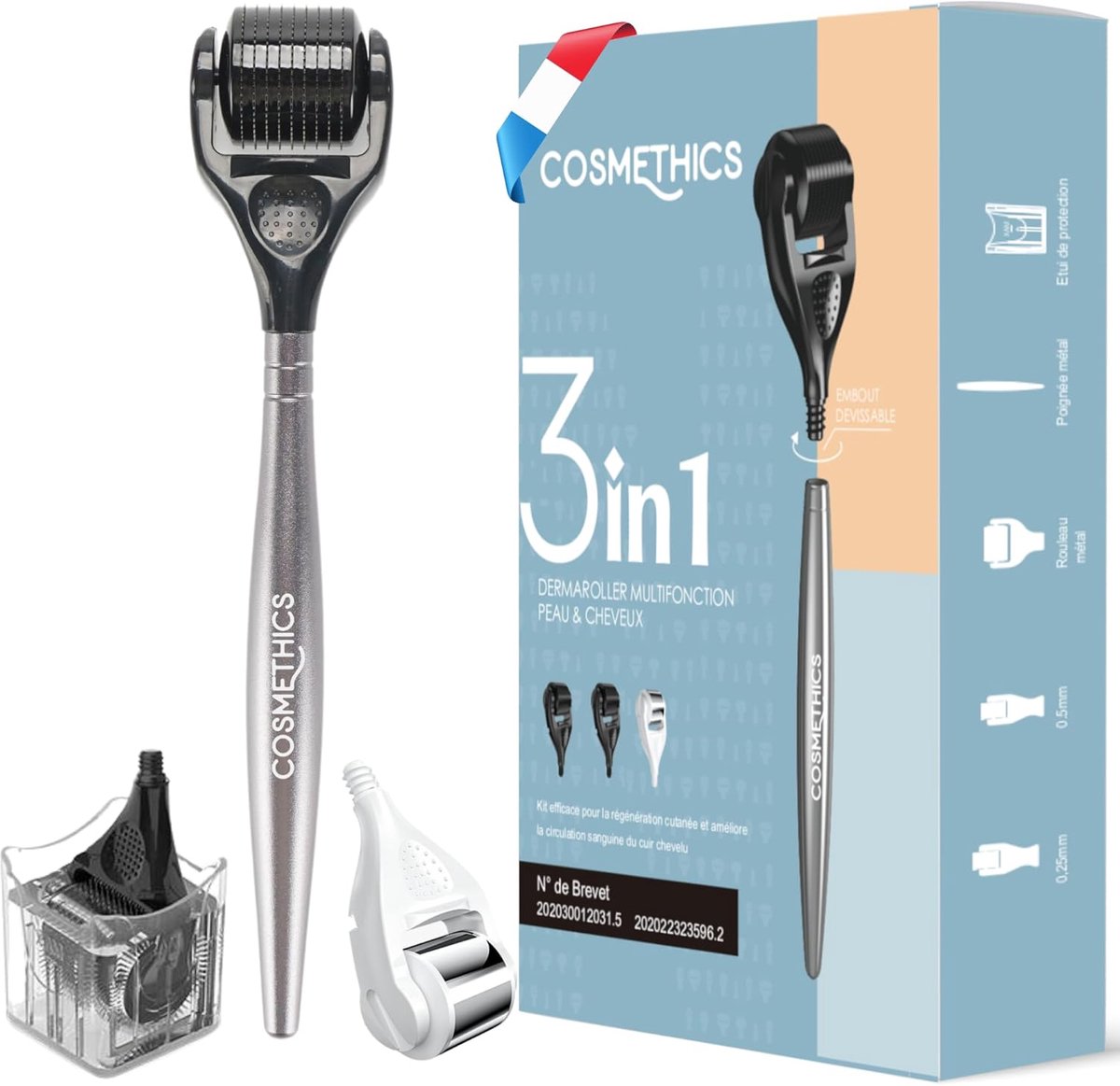 Derma roller set 3 verwisselbare koppen - metalen rol voor gezichts- en haarmassage - ShopVlot