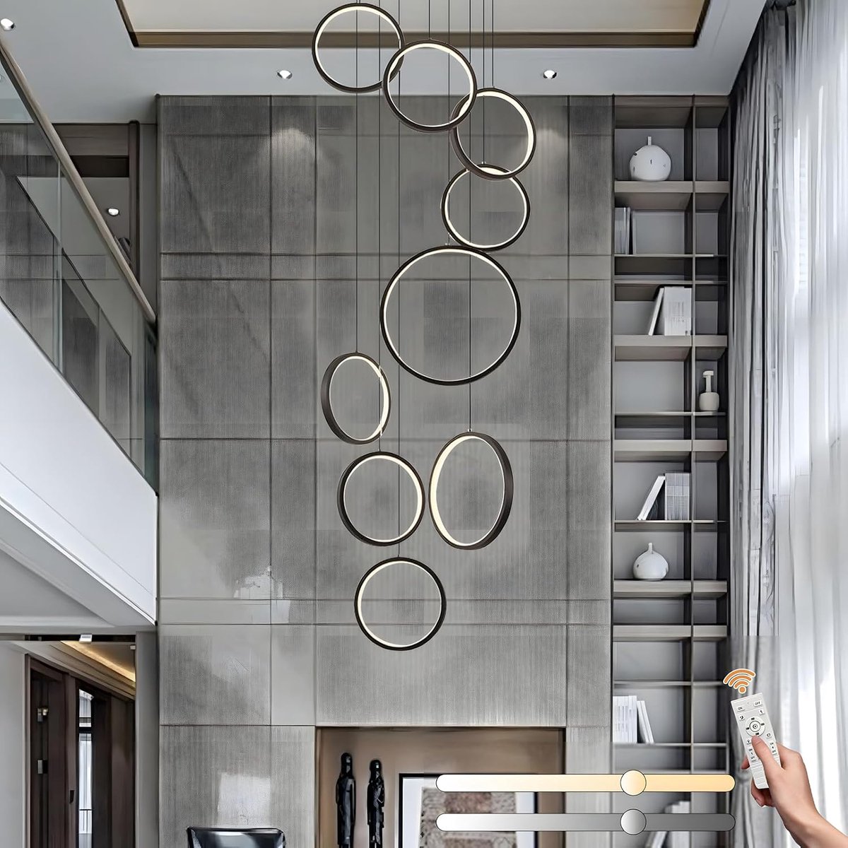 SnelShoppen - LED Hanglamp Trap Chandelier, Modern Hoge Plafond, 9 Zwarte Ringen, Afstelbare Pendant Lamp, Dimbaar met Afstandsbediening 3000K-6000K,