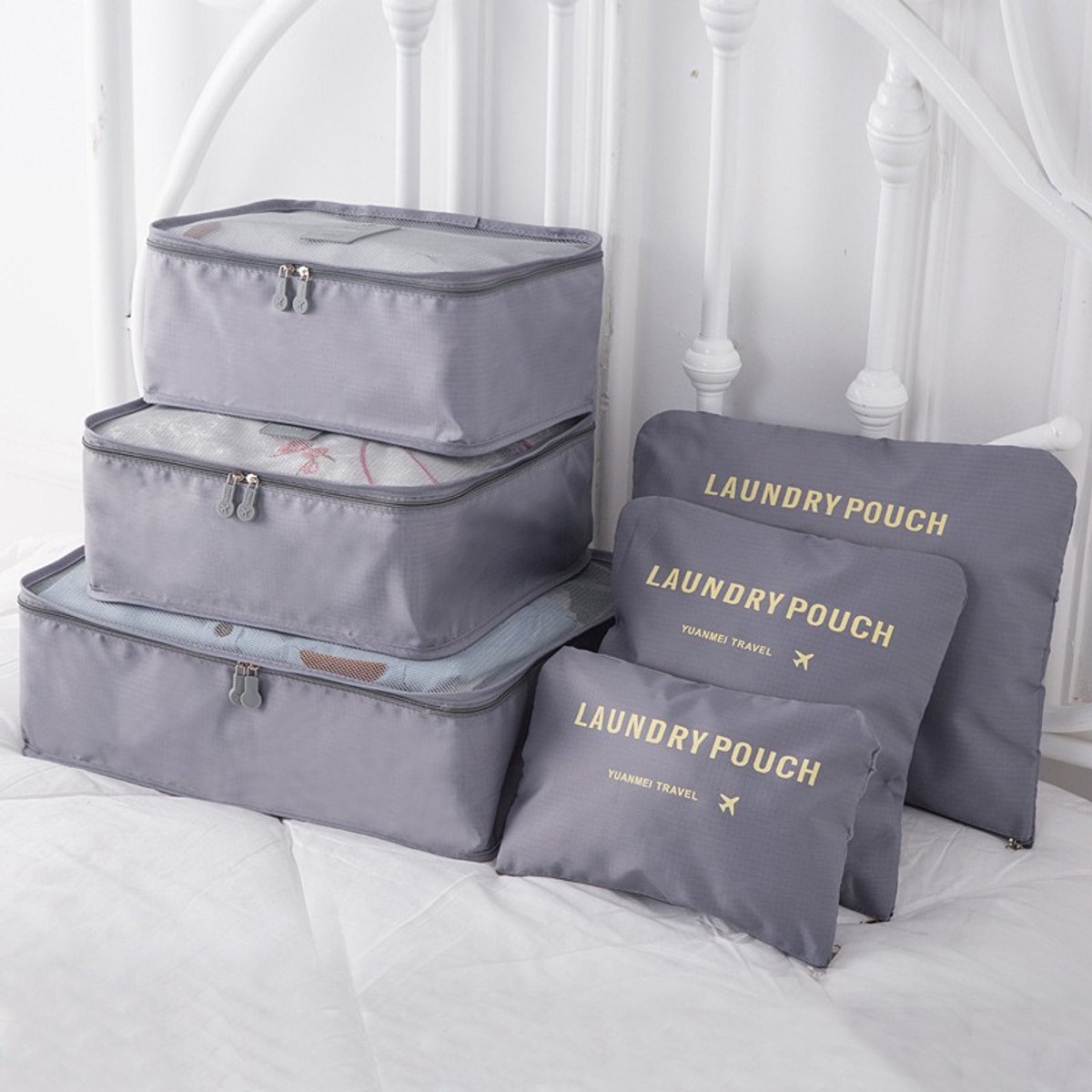 Koffer organizer - 6-in-1 set - Reisorganizer inclusief 3 x verpakkingsblokken en 3 x opbergzakken - Reiskledingzakken voor droge kleding, ondergoed, cosmetica en andere accessoires - grijs