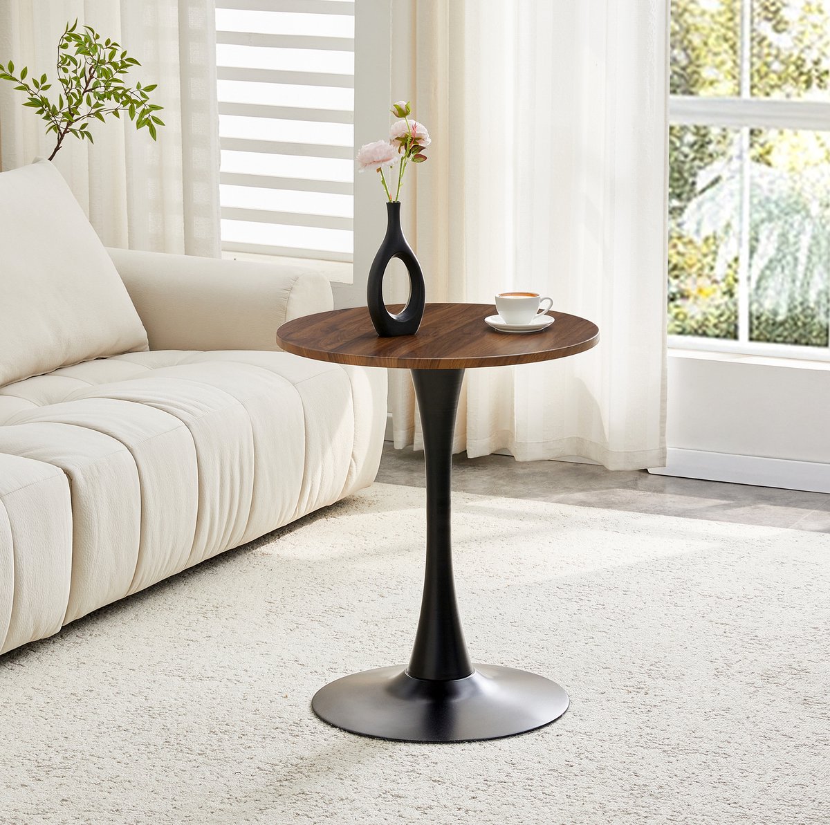 COVREO Bijzettafel 60 cm, walnoot zwart, MDF en metaal, ronde vorm