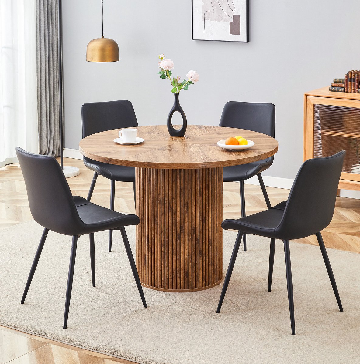 COVREO Eettafelset 100 cm zwart en hout, MDF met 4 stoelen en metalen frame