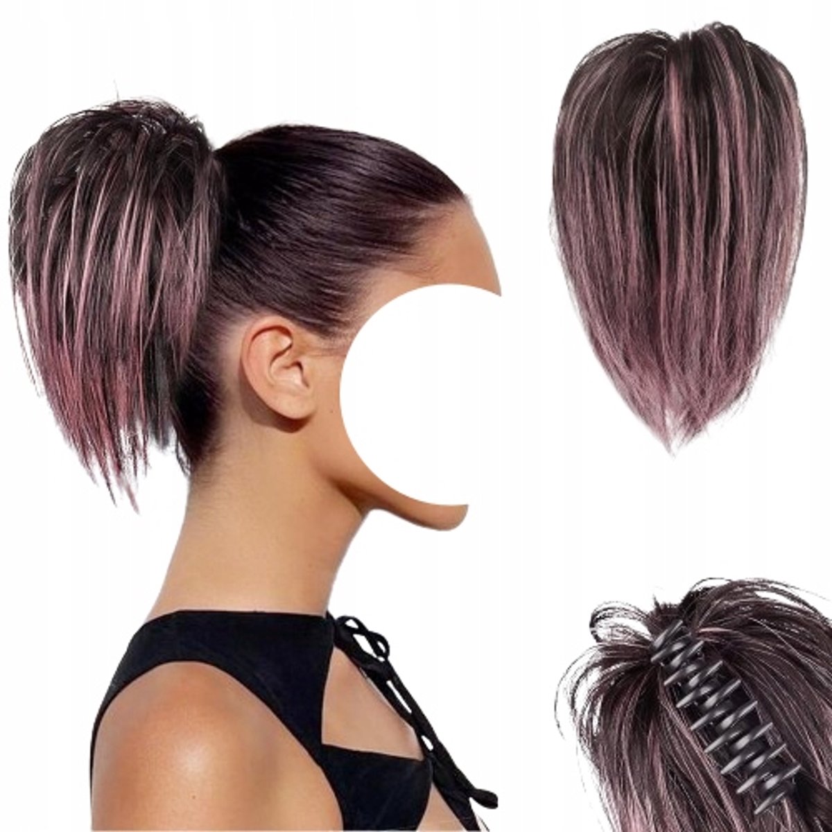 Merkloze clip-in paardenstaart met roze highlights - synthetisch haar
