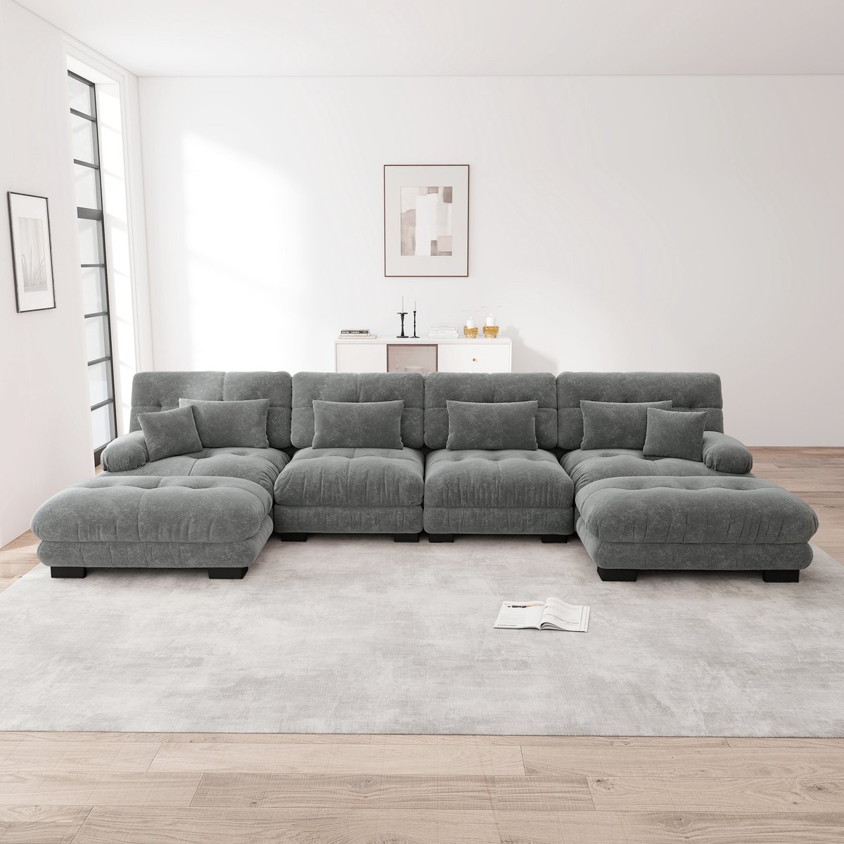 MEUNIQ modulaire U-bank 4-zits 406 x 145 x 81 cm met verplaatsbare ottomans, chenille-look, zachte zit en woonkameropstelling in grijs