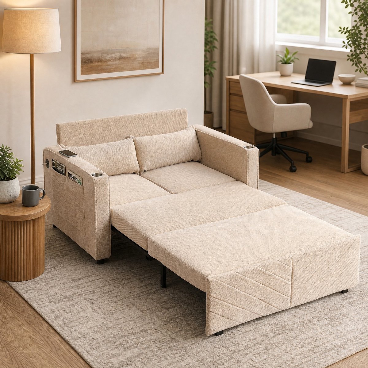 COVREO Slaapbank 195 x 134 x 73 cm beige, van hout en stof met usb-oplaadpoort