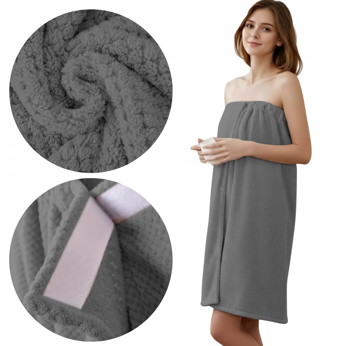 Grijze microvezel badhanddoek 140x85 cm, sneldrogend met klittenband
