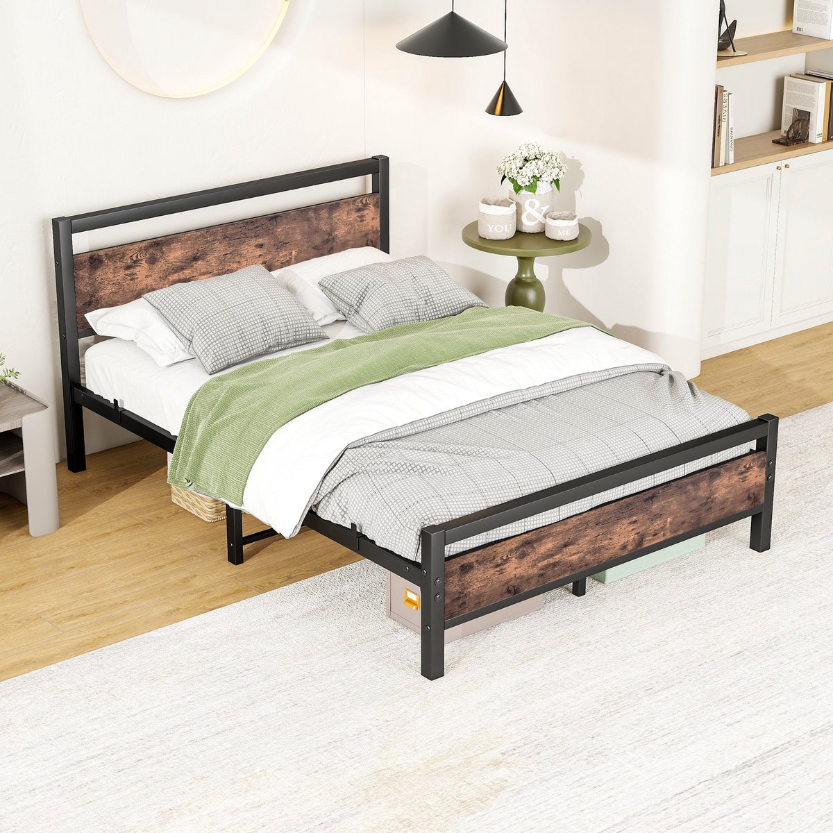 Bedframe 140x190 Cm Zonder Matras Met Lattenbodem En Opbergruimte Staal En MDF Met Hoofd En Voetbord Industriële Stijl Antiekbruin Zwart