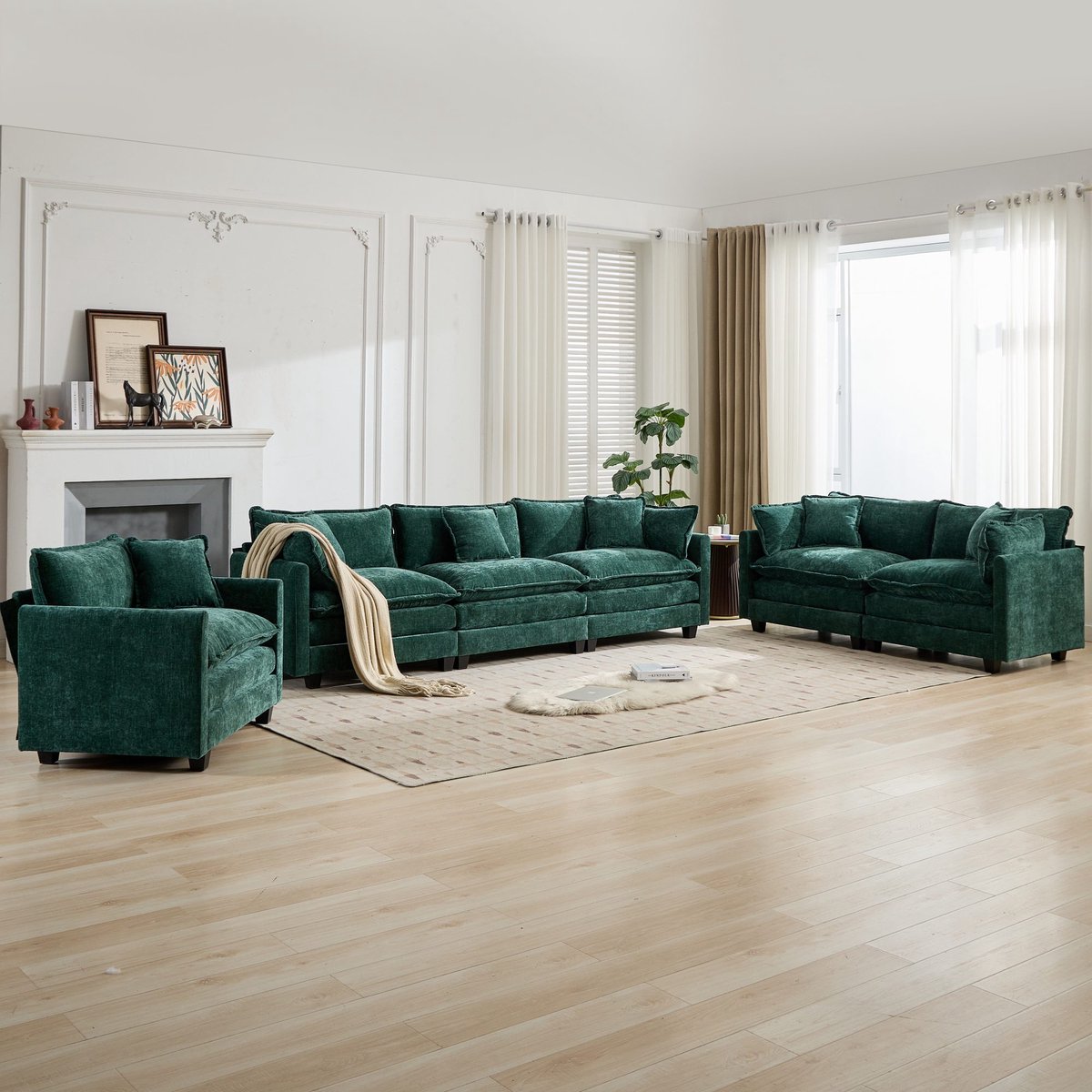 MEUNIQ 3-zits bank van chenille, modulair ontwerp met zachte zitkussens en rugkussens, 289 x 75 x 84 cm, woonkamer en slaapkamer, groen
