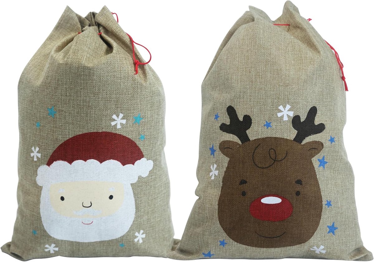 Kersttassen 35x50cm - Jute Linnen - Twee Ontwerpen: Kerstman en Rendier - Herbruikbaar - ShopVlot
