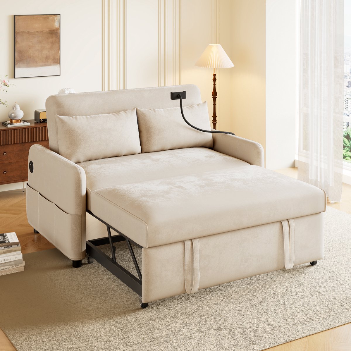 MEUNIQ 2-zits slaapbank van chenille in beige met verstelbare rugleuning, slaapfunctie, wielen, telefoonhouder en USB-oplaadpoort voor woonkamer