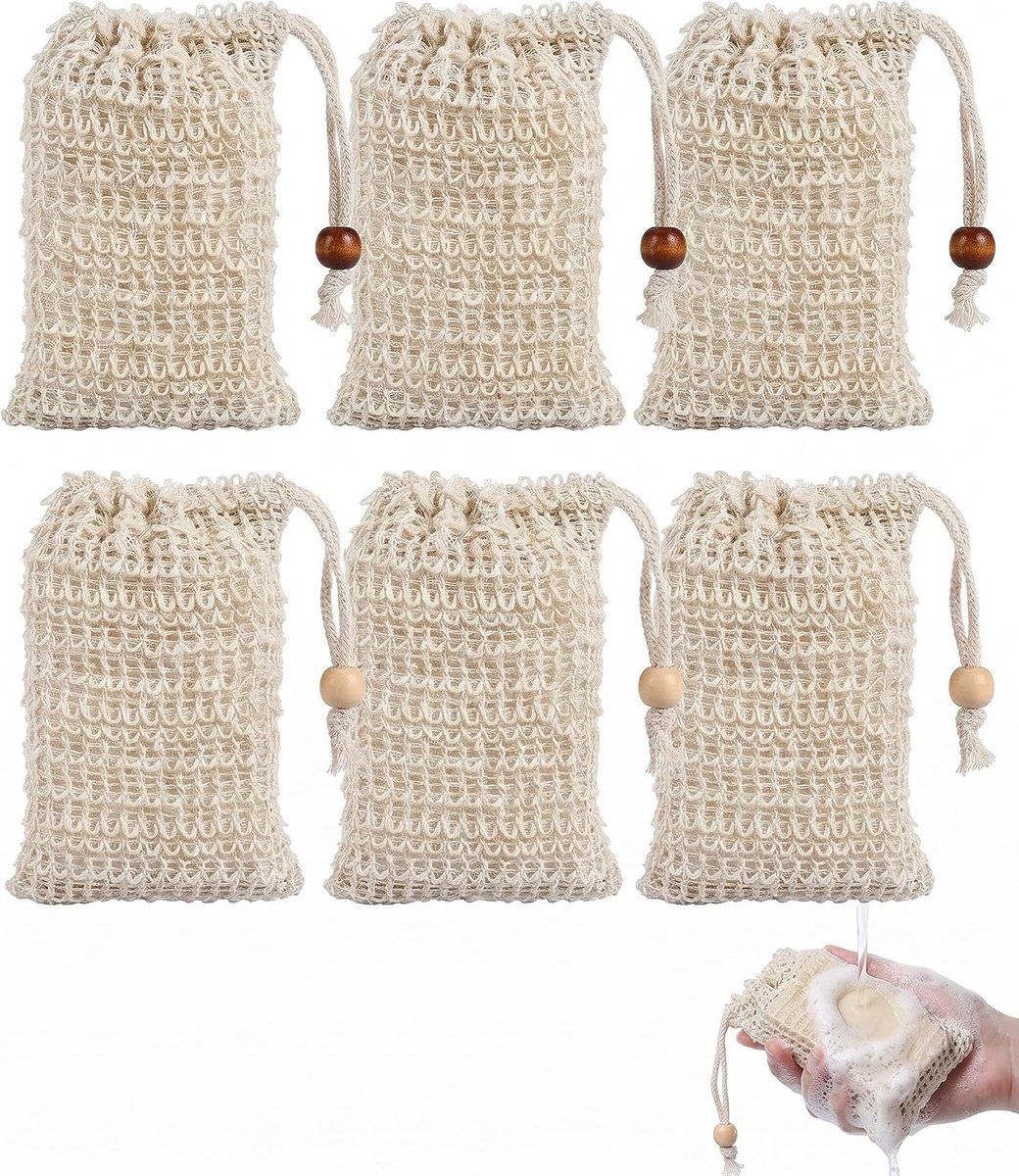 Zeepzakjes van sisal (6 stuks) - met koord en parels - zachte peeling - rijk schuim - SnelShoppen