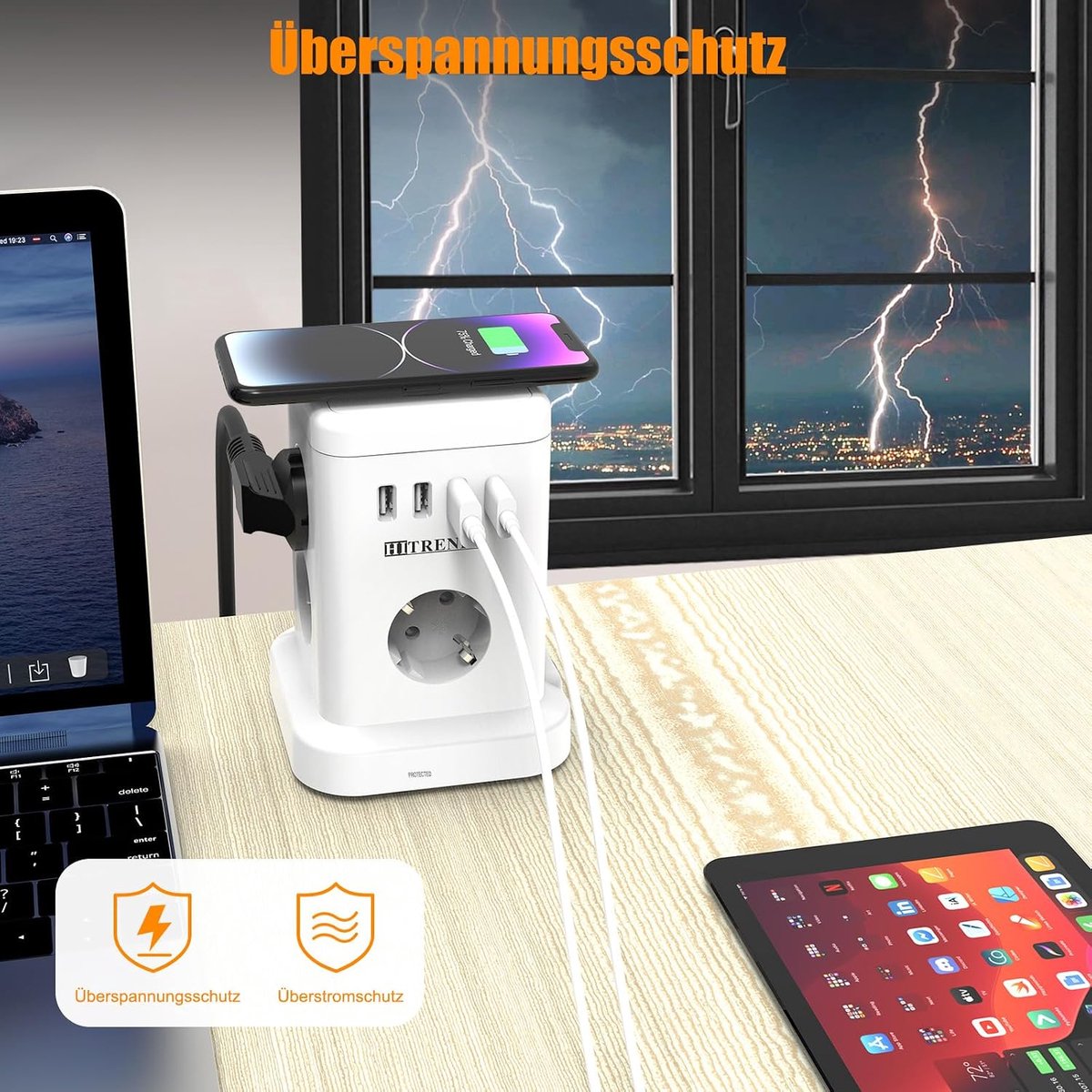 Stekkerdoos 7-voudig met draadloze oplader - 16 A, 3680 W - 7 Schuko + 4 USB - Beschermt elektronica - SnelShoppen