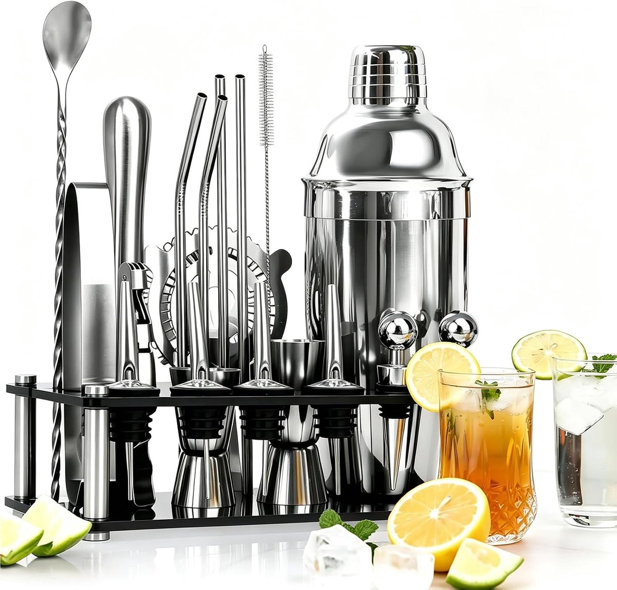 20-delige cocktailset 750 ml - roestvrij staal - acrylstandaard - professionele bartenderaccessoires - SnelShoppen