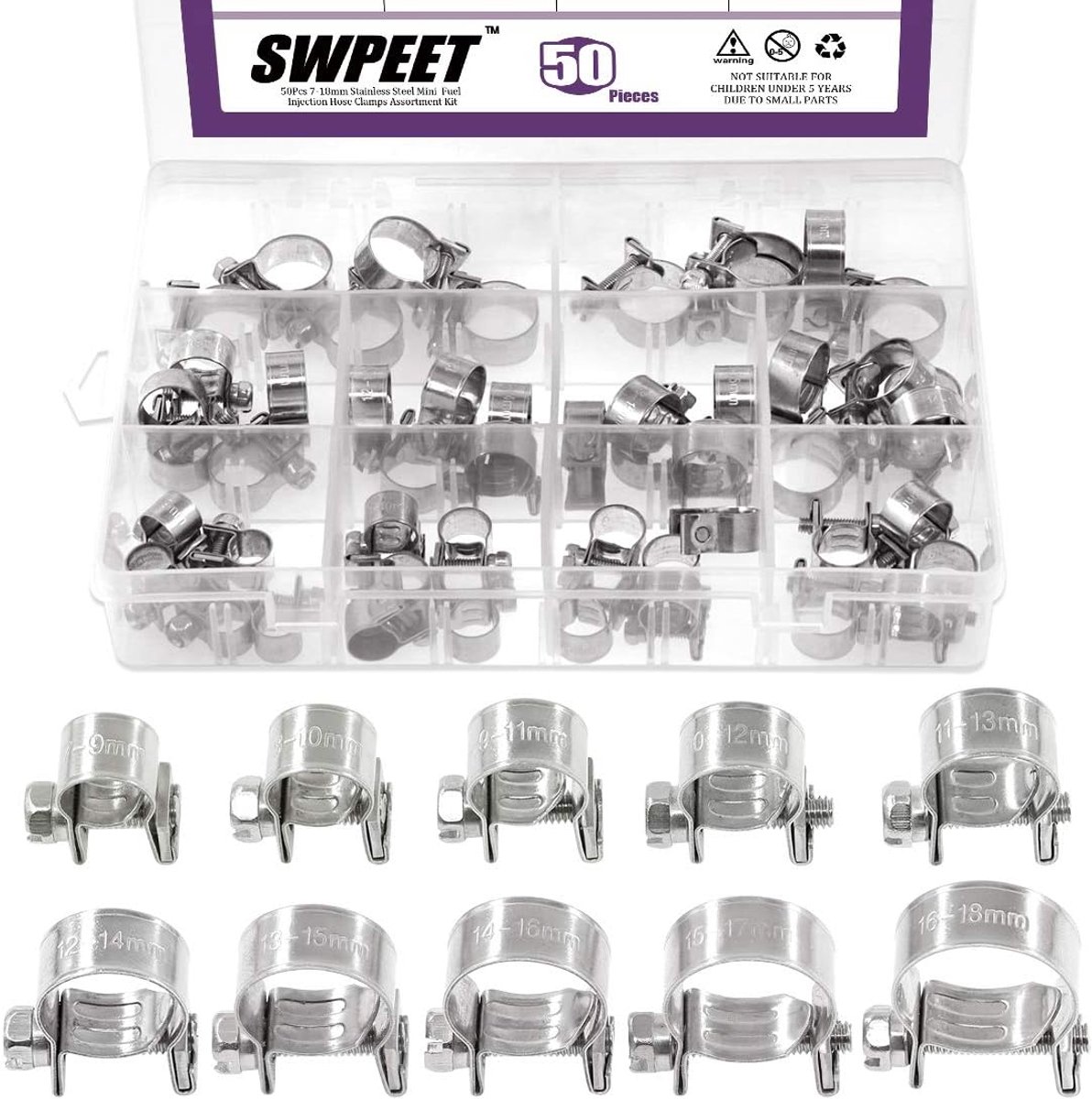Hose clamps 50pcs 10 maten - 304 roestvrij staal - mini brandstofinjectielijn - eenvoudig te gebruiken - SnelShoppen