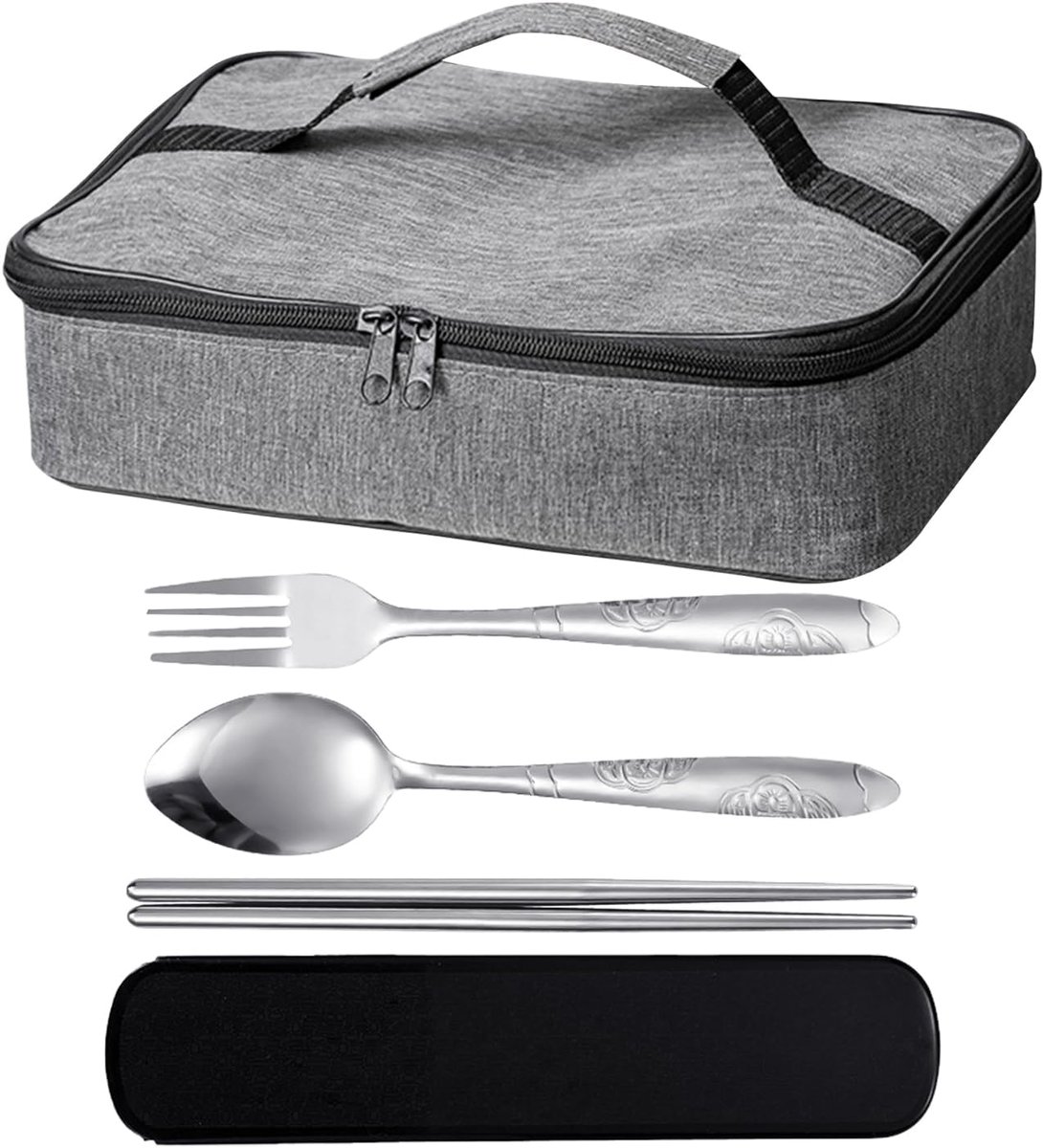 Lunchtas met bestekset - Geisoleerd - Grijs - Ideaal voor onderweg - SnelShoppen