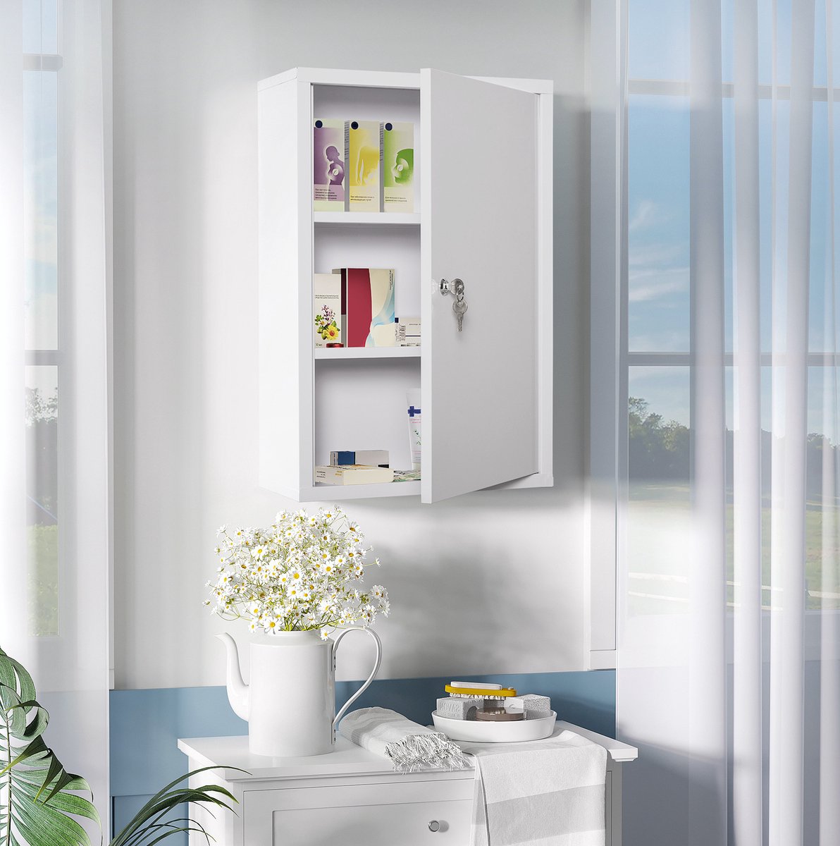 Medicijnkast – Afsluitbare Wandkast Met 3 Vakken En Sleutels – Voor Medicijnen En EHBO Benodigdheden – Staal – Wit – 40x18x60 Cm