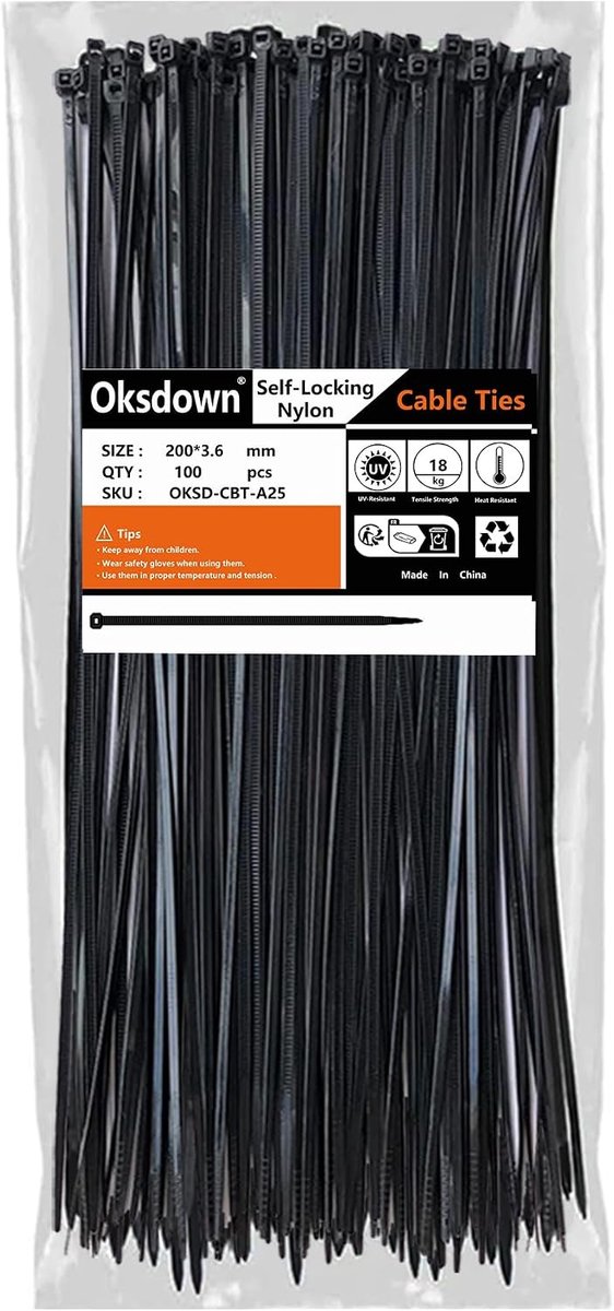 Kabelbinders 200mm x 3.6mm - Zwart - Sterk nylon - Perfect voor kabelbeheer - ShopVlot