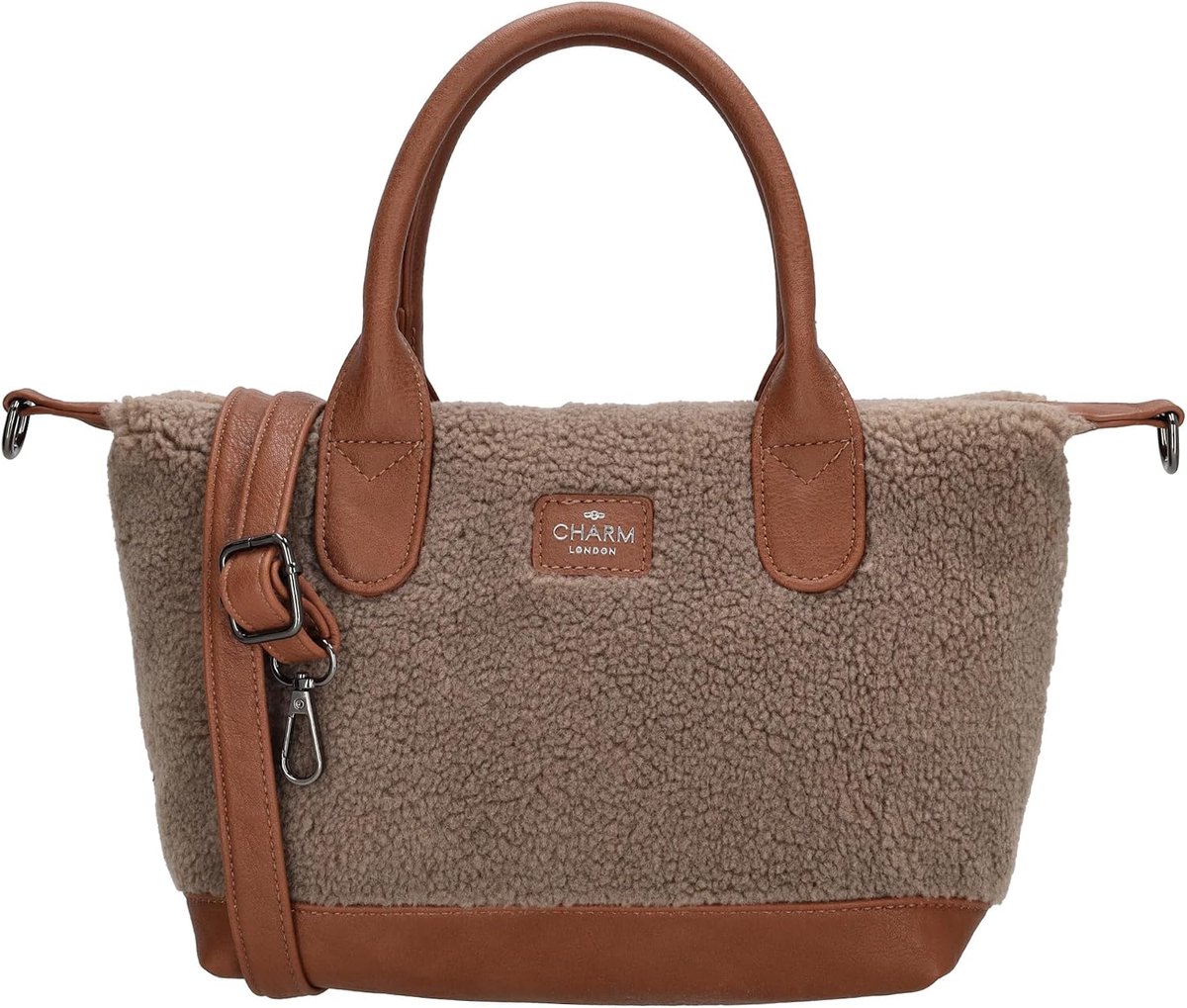 handtas teddyfleece - taupe - imitatieleer details - gevoerd laptopvak - ShopVlot