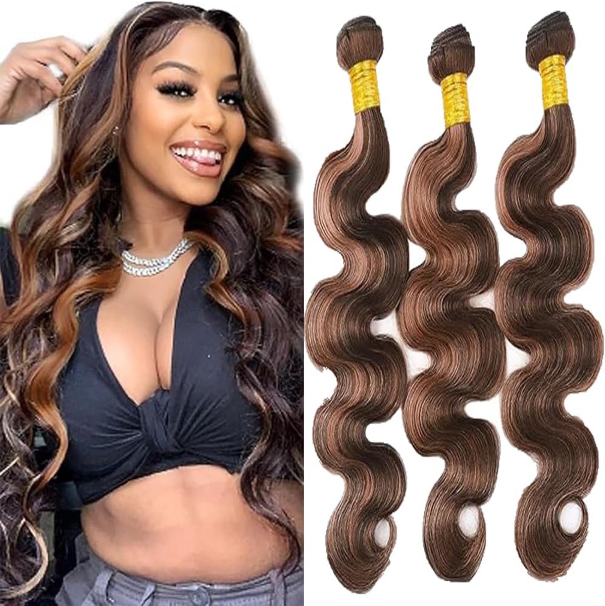 Human Hair Bundles 32 Inch - P430 Hoogtepunten Bruin - Dubbele Weft - Tangle-Vrij en Laag Verlies - ShopVlot