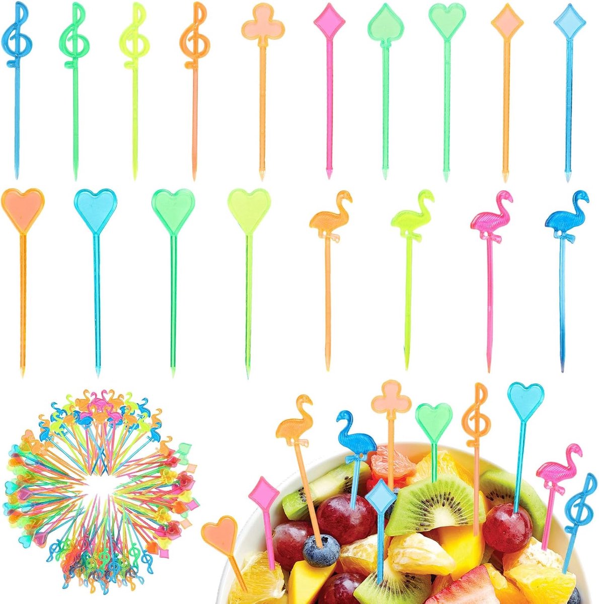 Fruitvorken voor kinderen 200 stuks - herbruikbaar plastic - vrolijke motieven - ideaal voor feestjes - ShopVlot