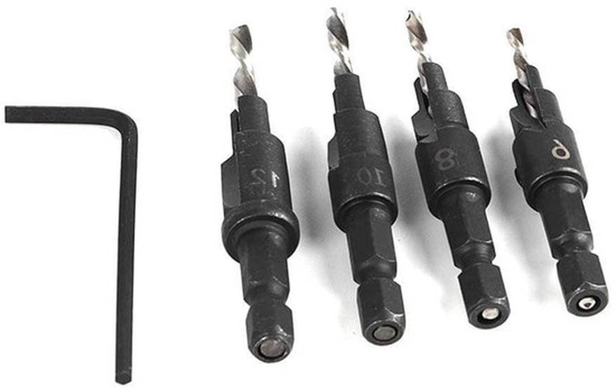 Hex Shank Traagboorbit Set - 4 stuks | Houtbewerkingsgereedschap met taps toelopende boorbits en Allen-sleutel | Snel wisselen (6 8 10 12)