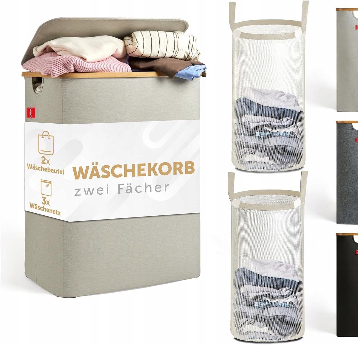 Merkloos Stijlvolle Bamboe Wasmand met 2 Vakken - 140L