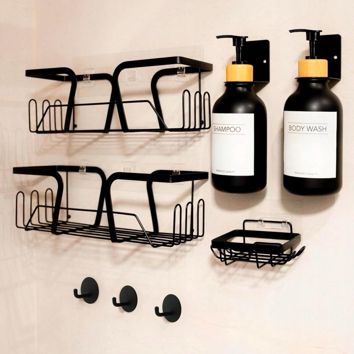 Merkloos Zwarte Douche Organizer Set met Haken en Dispensers