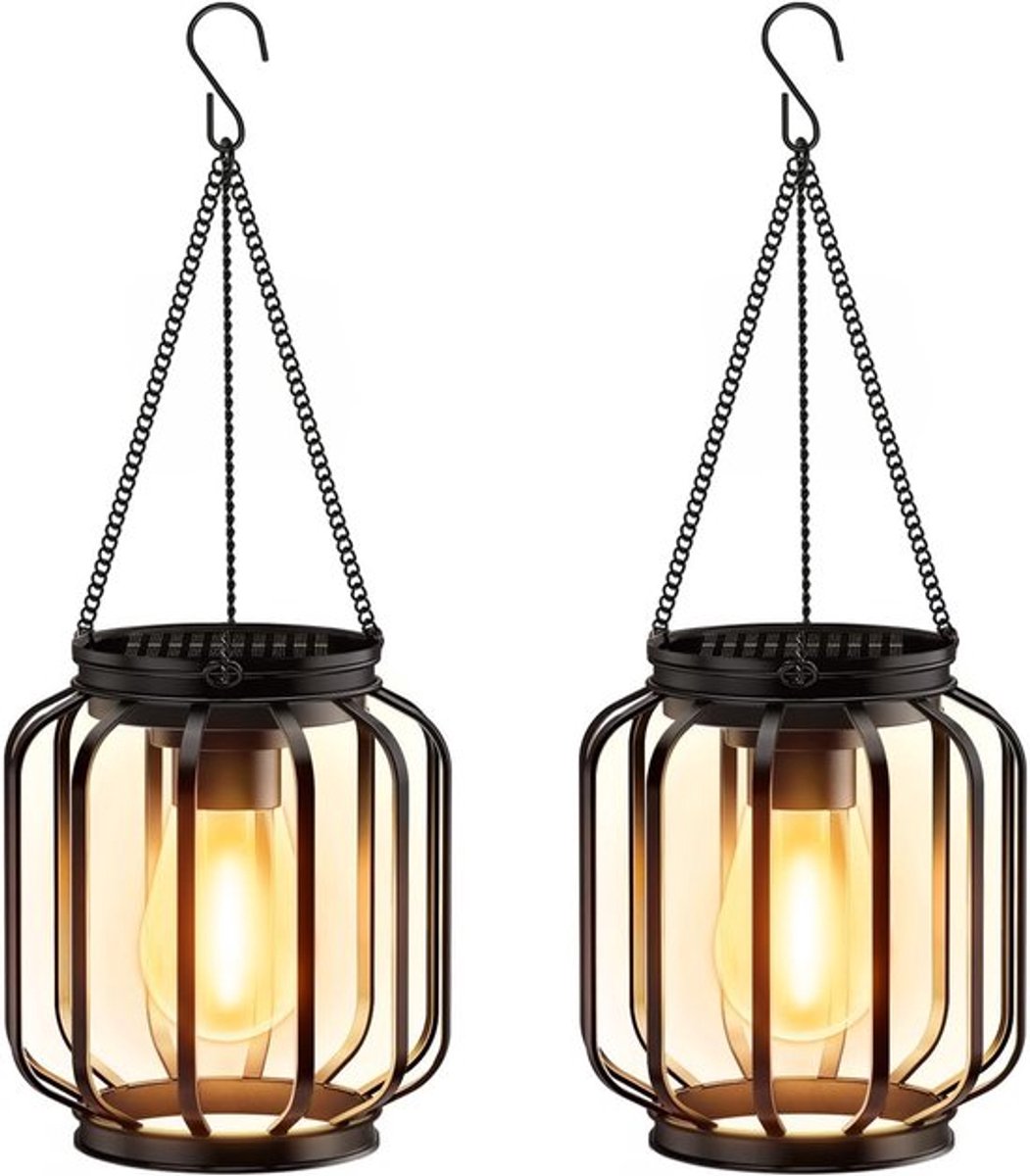 Solar Hanglantaarns Buiten – Set van 2 Metalen Tuinlampen Zwart IP65