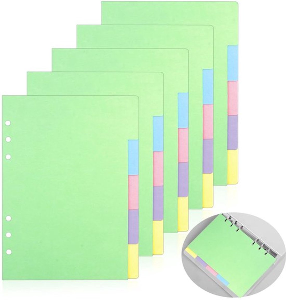 25 vellen A5, 5 kleuren, A5 register, 6 gaten, document divider, 6 gaten in 5 levendige kleuren, ideaal voor het organiseren van mappen en notities, formaat 21 x 15 cm