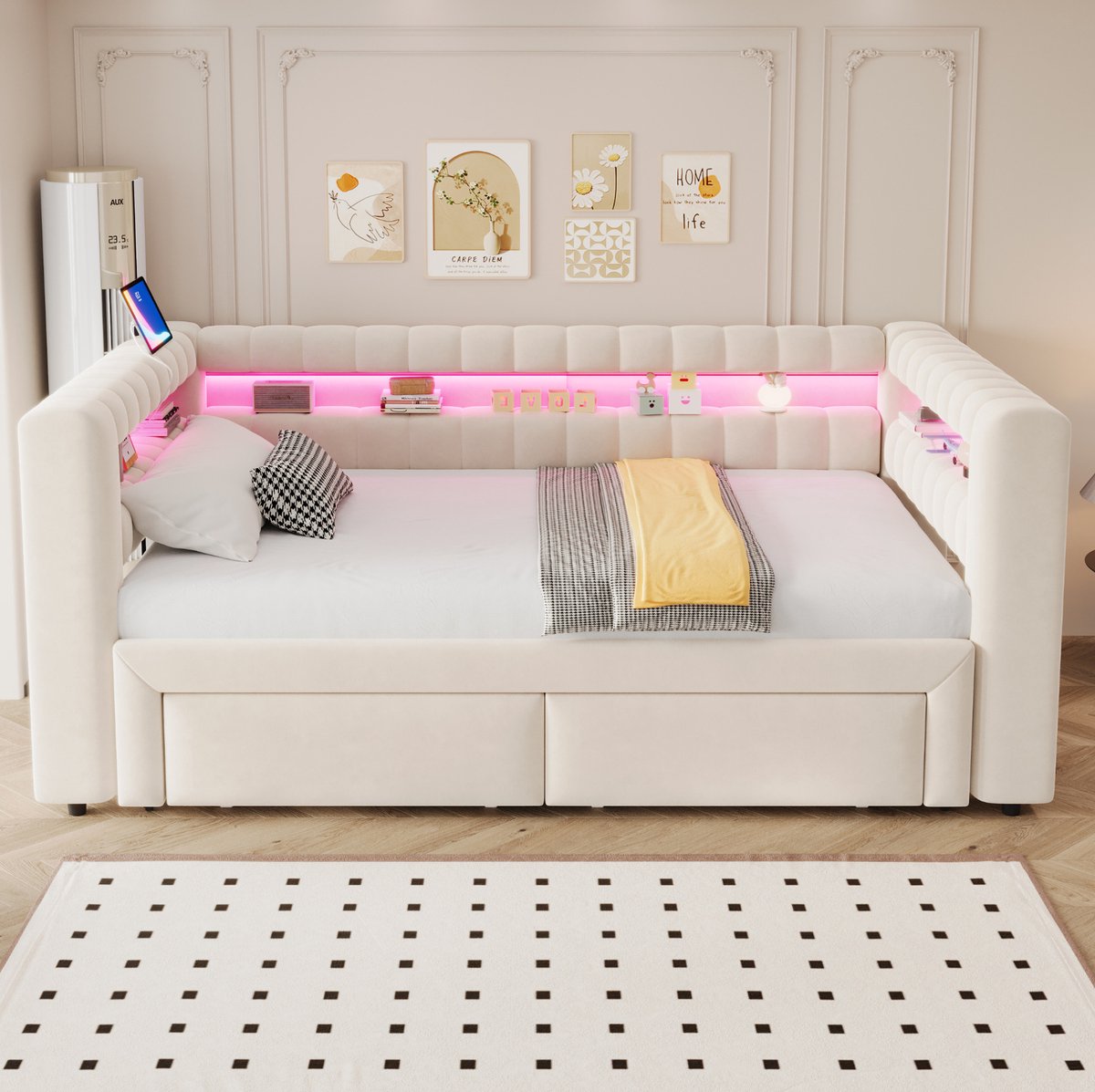 Slaapbank 90x190 cm - Uittrekbaar tot 180x190 cm - Met Led, Usb en Usb C - Met Opbergruimte en Lades - Fluweel - Beige - Zonder Matras