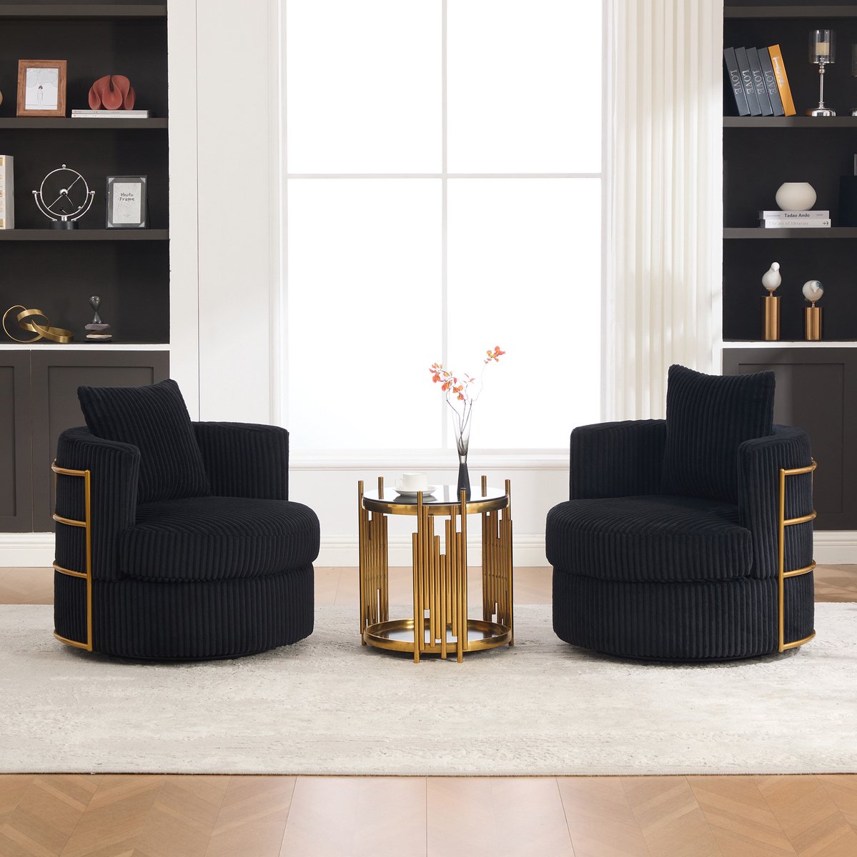 FloraGrace Fauteuil 76 x 79 x 78 cm - Set Van 2 360° Draaibaar - Met Armleuningen & Opbergruimte - Corduroy - Zwart
