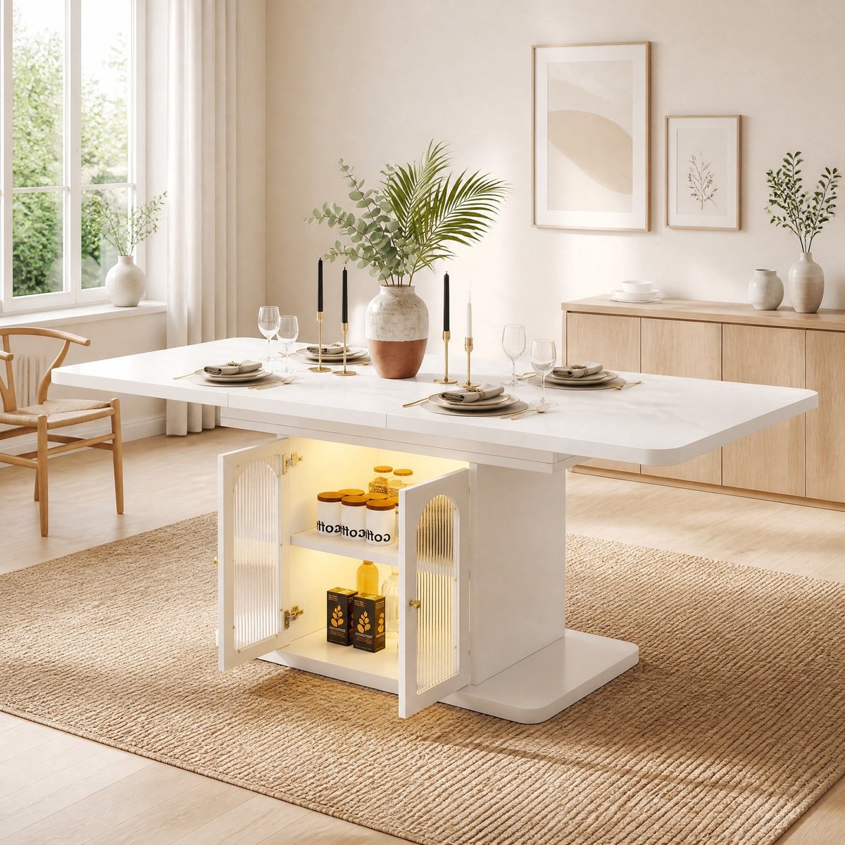 MODFU Eettafel-Uitschuifbaar-Opbergruimte-Scandinavisch-Wit-Marmerlook