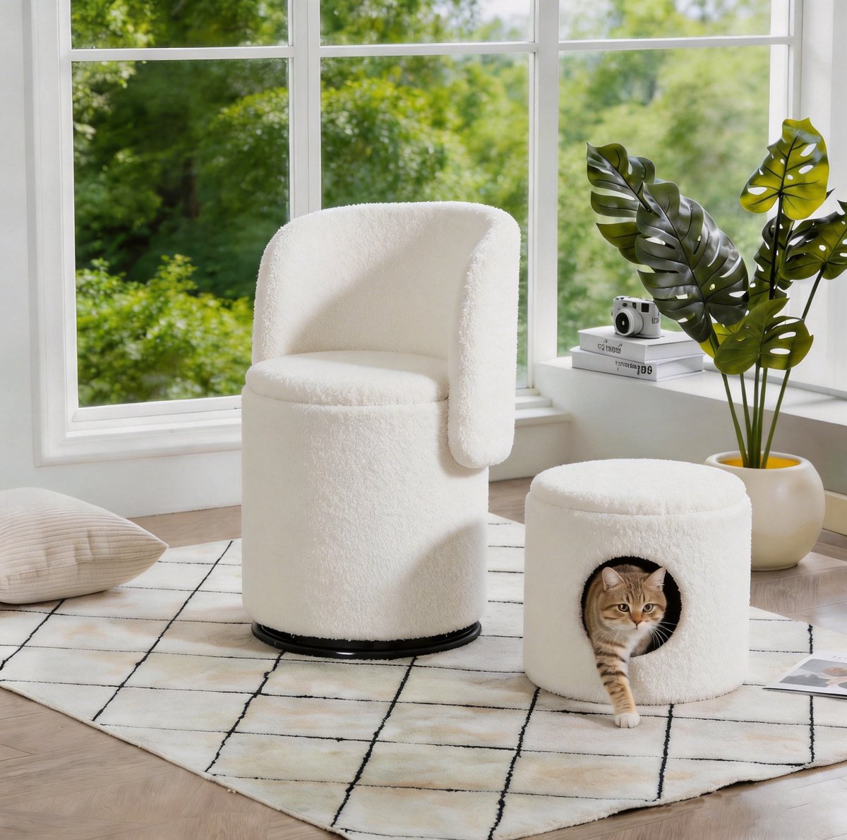 COVREO Fauteuil 75 cm wit, teddy met armleuning, opbergruimte en 360° draaibaar