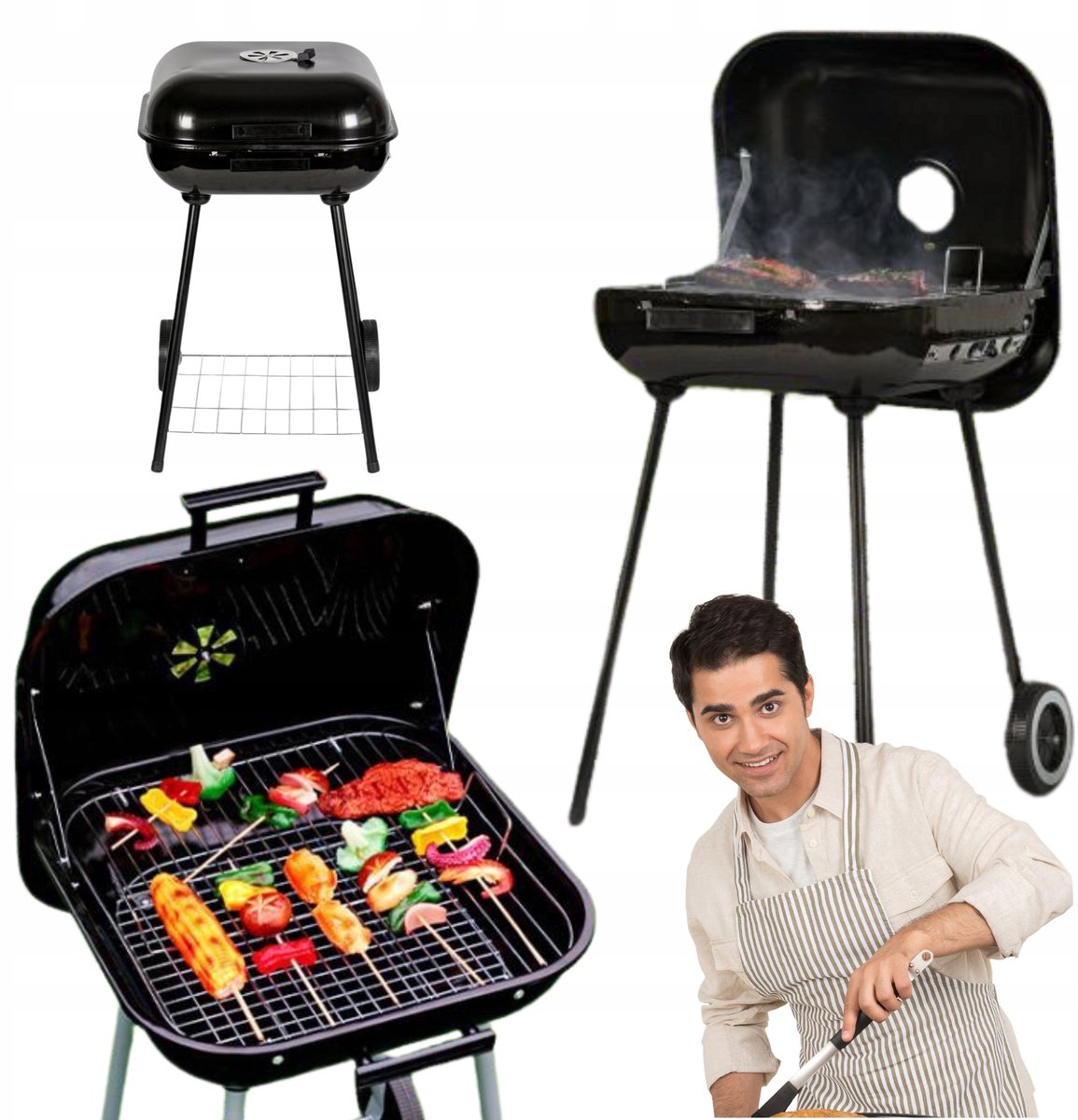 Merkloze vierkante houtskoolgrill met deksel en wielen