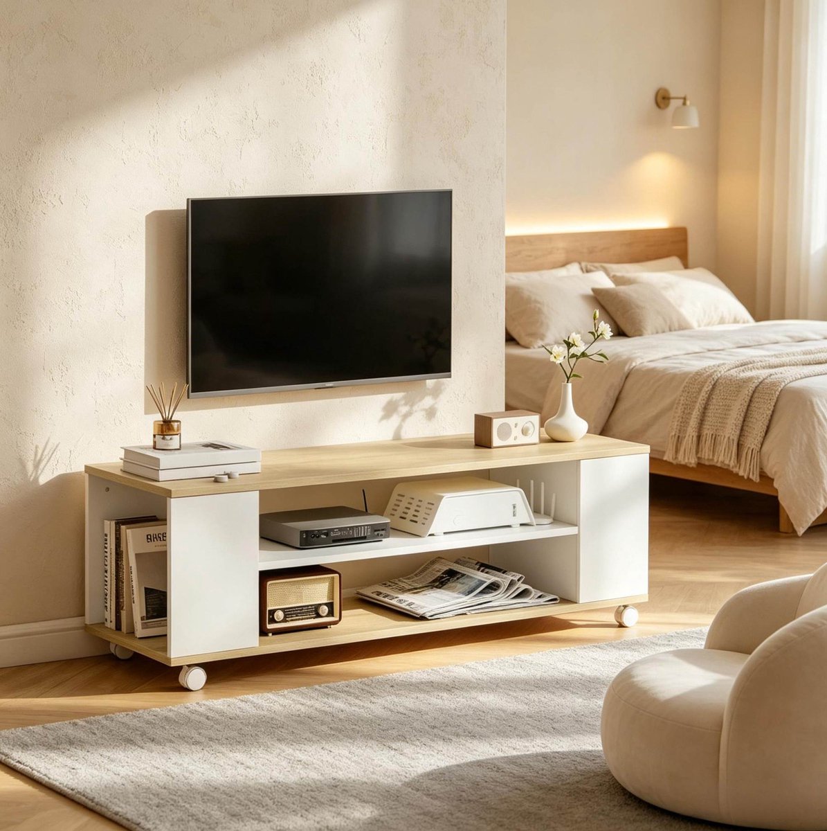 STILVORA TV Meubel - Modern Lowboard Met Wielen En Wandmontage - Open Opbergruimte Voor Woonkamer En Slaapkamer - Spaanplaat - Naturel Wit - 120x40x38,5 Cm
