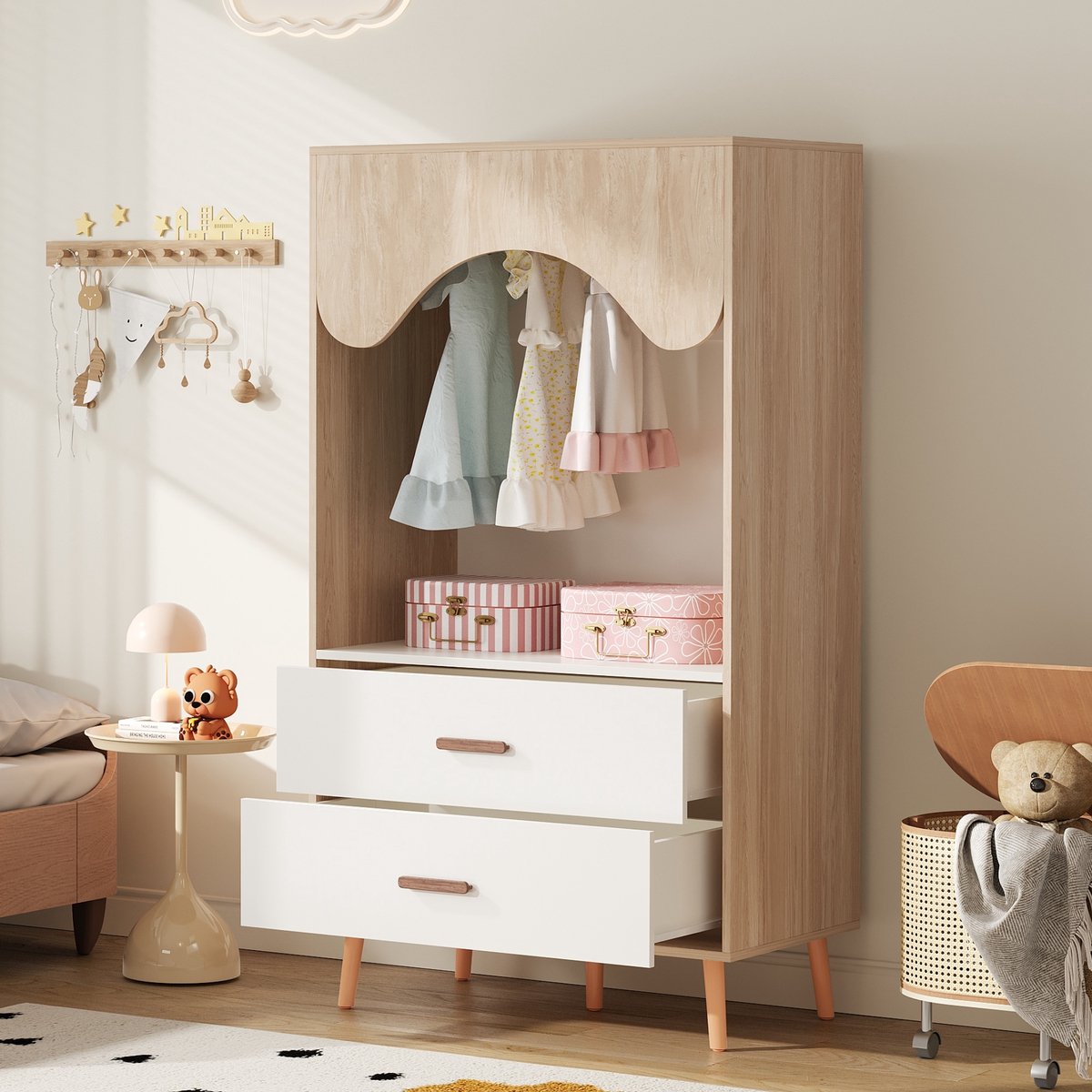 MODENUIT Kledingkast - Open Kast Met Hangstang En Lades - Kinderkamer - Hout - Natural White - 80x46x141,5 Cm