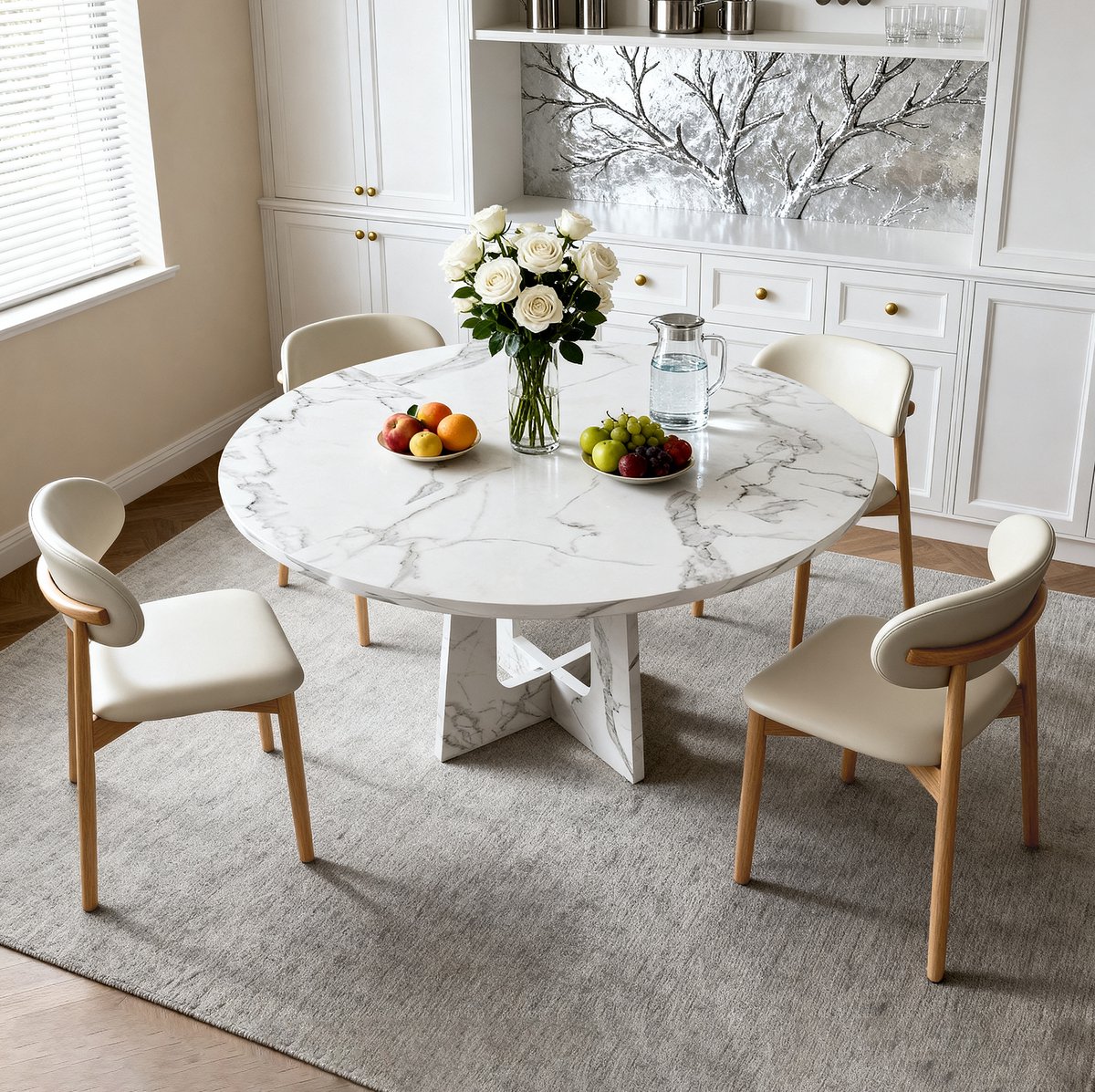 FloraGrace Eettafelset Met 4 Stoelen - Ronde 120 Cm Tafel Met Wit Marmerlook Blad - Modern Voor Eetkamer En Woonruimte - MDF - Wit