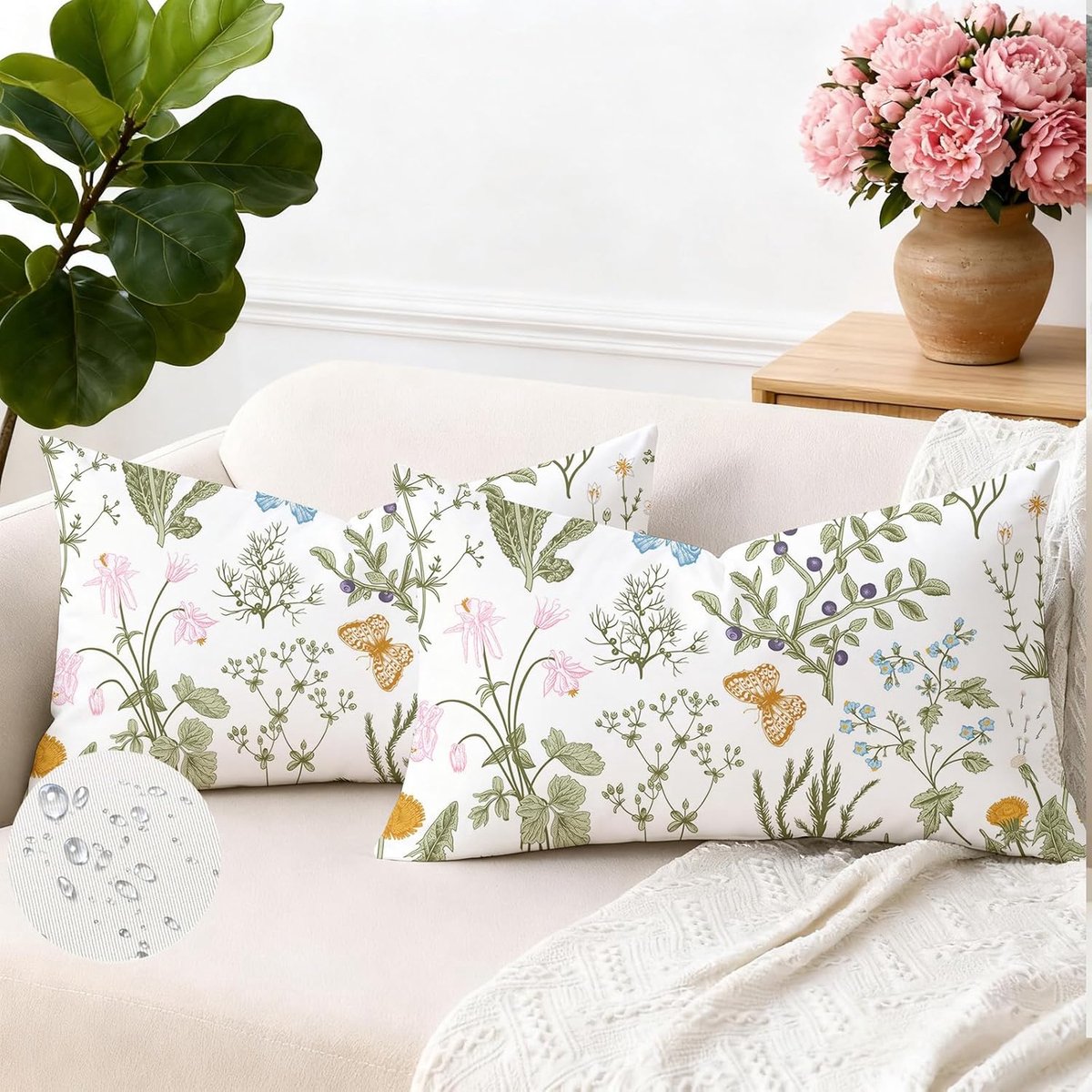 Kussenhoezen voor buiten 30 x 50 cm - waterdicht - saliegroen met wilde bloemen - perfect voor een zomerse sfeer - ShopVlot