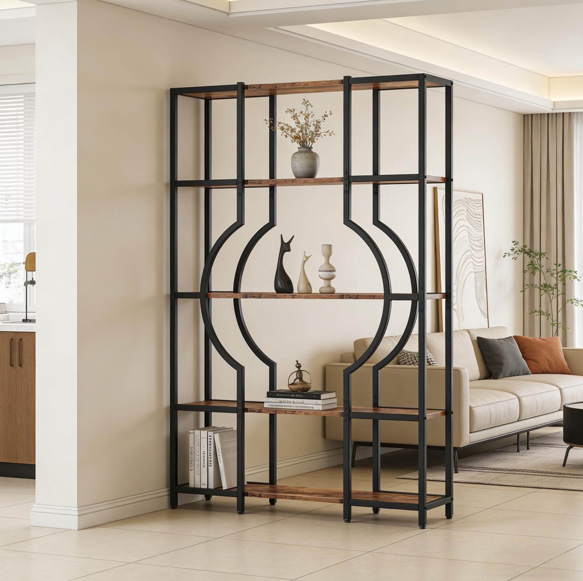 MIVRAY Boekenkast – 5 Laagse Open Vorm – 104 X 30 X 169 Cm – Metaal En MDF – Zwart En Rustiek Bruin – Voor Woonkamer En Hoek
