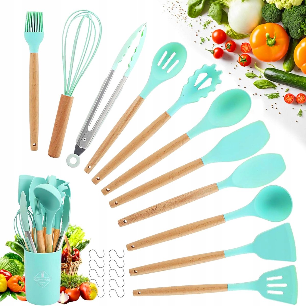 Zeer Complete Keukengerei Set - 12 Delig - Mintgroen Siliconen & Bamboe
