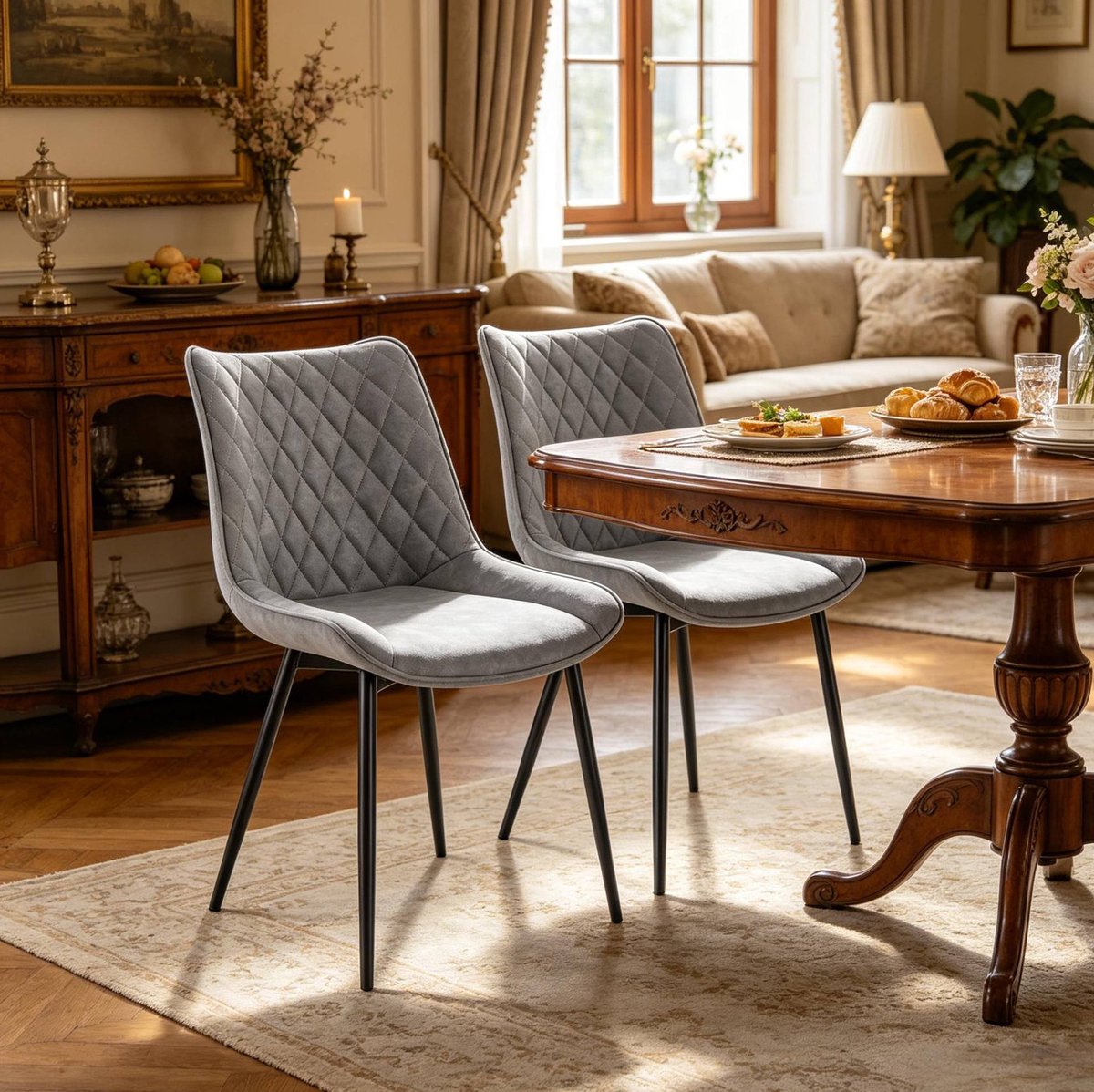 MODENUIT Eetkamerstoel - Gestoffeerde Rugleuning Met Kunstleer - Voor Eetkamer En Woonkamer - Metaal - 85,5 Cm - Grijs